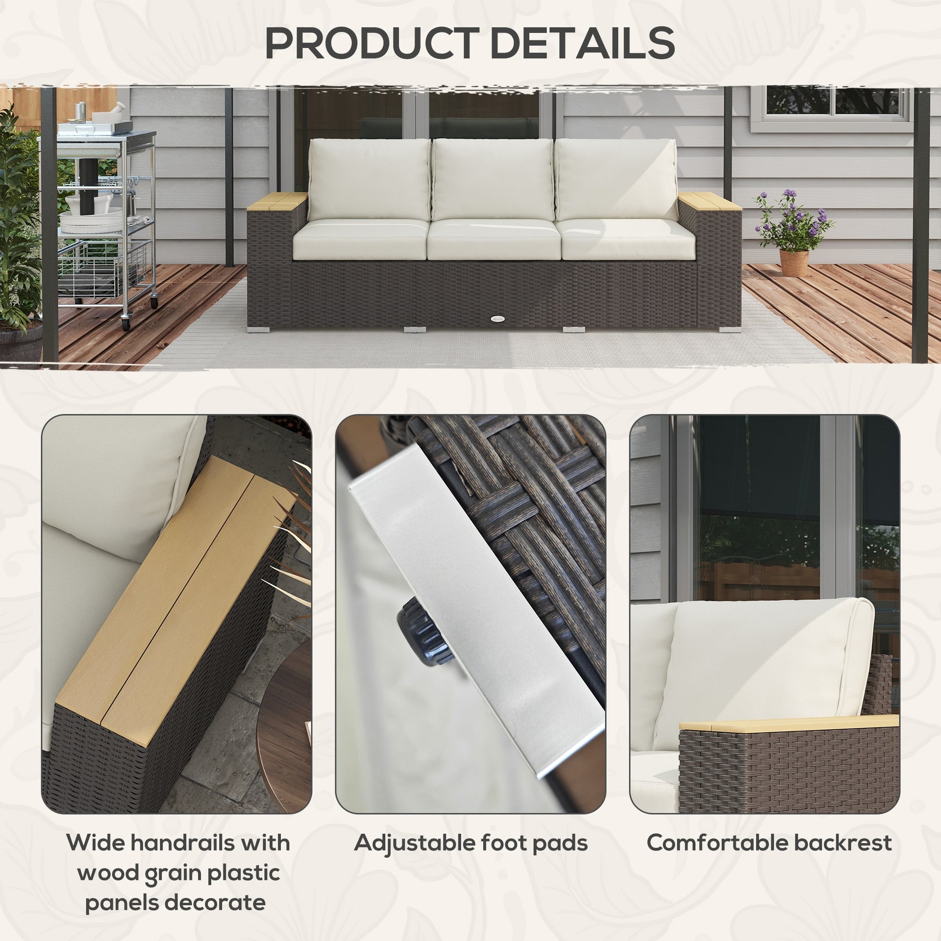 Outsunny 3-Seat Outdoor Patio Sofa, PE Wicker Outdoor Couch with  Extra Wide Deep Seat, Wide Armrests 4" Cushions, Beige