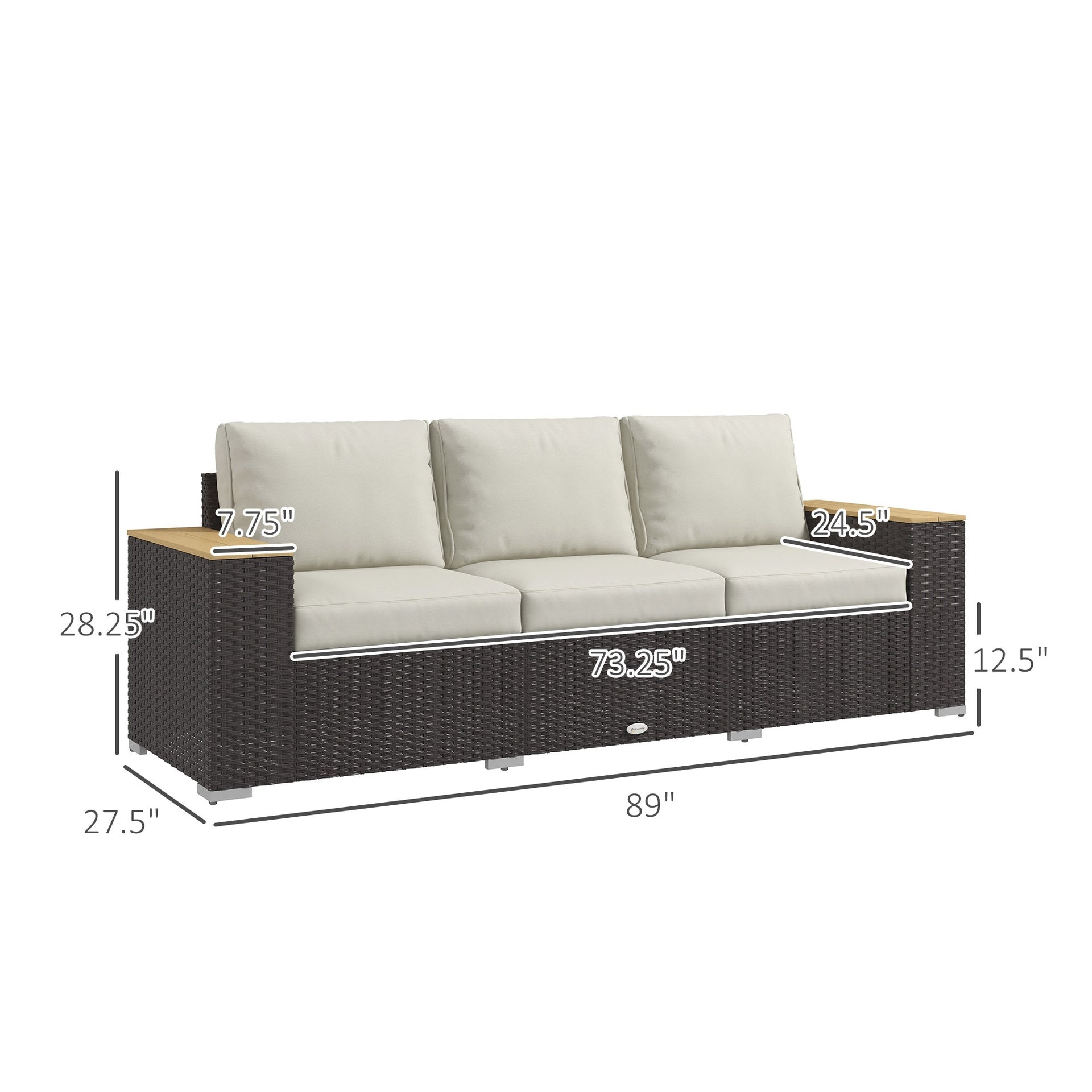 Outsunny 3-Seat Outdoor Patio Sofa, PE Wicker Outdoor Couch with  Extra Wide Deep Seat, Wide Armrests 4" Cushions, Beige