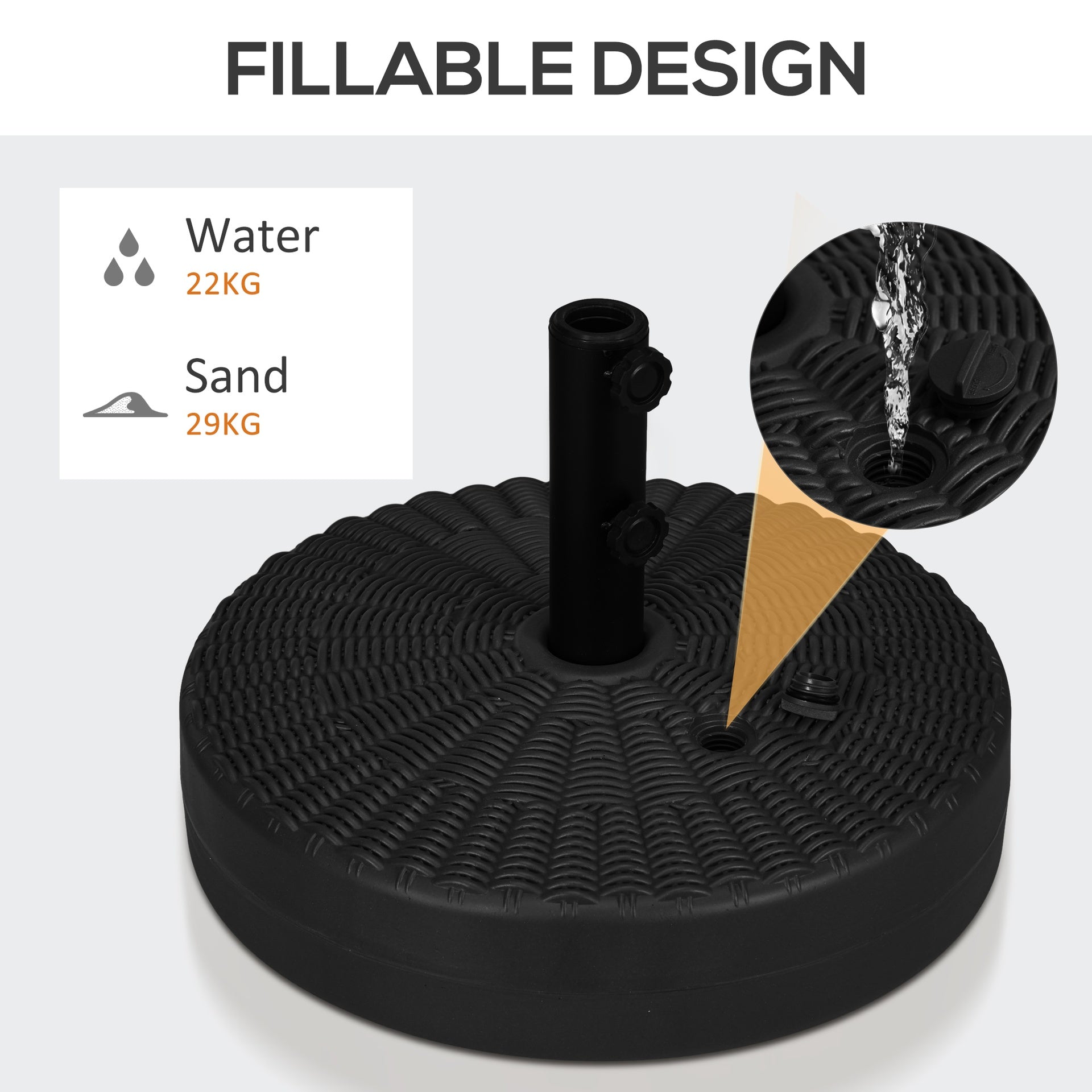 Outsunny Umbrella Stand for 1.5" or 2" Umbrella Poles, Round Fillable Umbrella Base for Outdoor, Lawn, Deck, Black