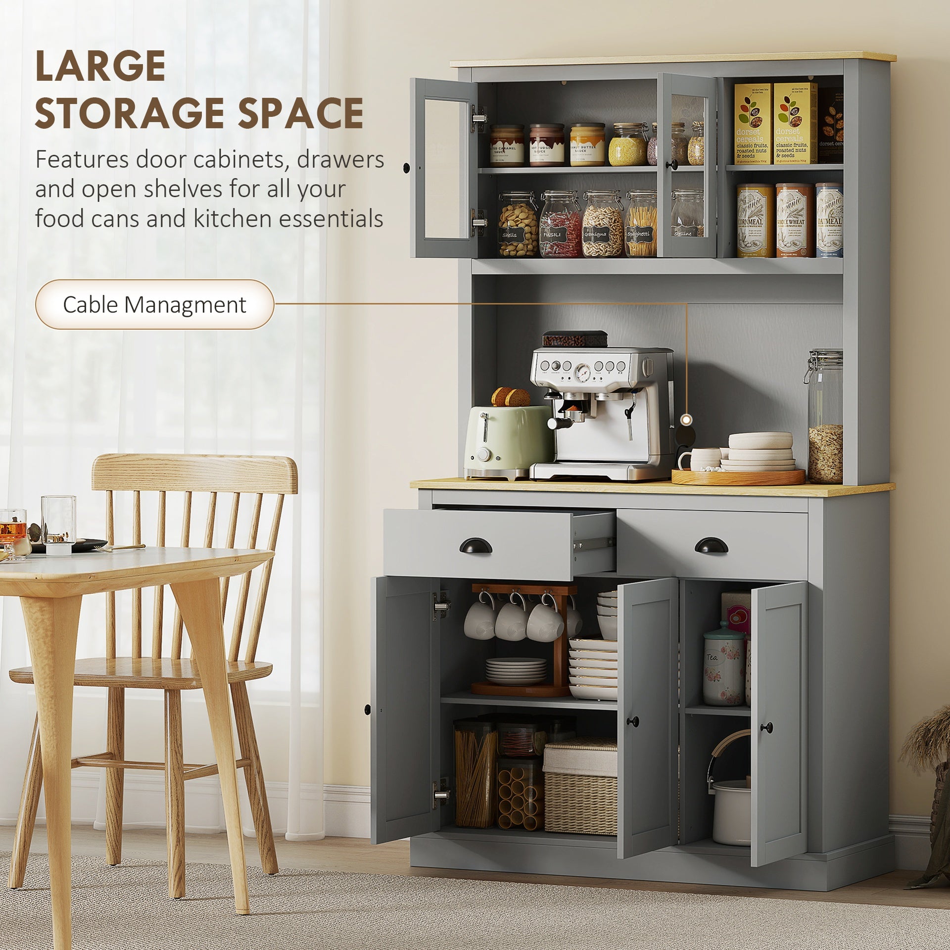 HOMCOM Freestanding Kitchen Cabinet, 71" Tall Pantry Cabinet, Modern Hutch with Wide Countertop, Adjustable Shelves, Gray