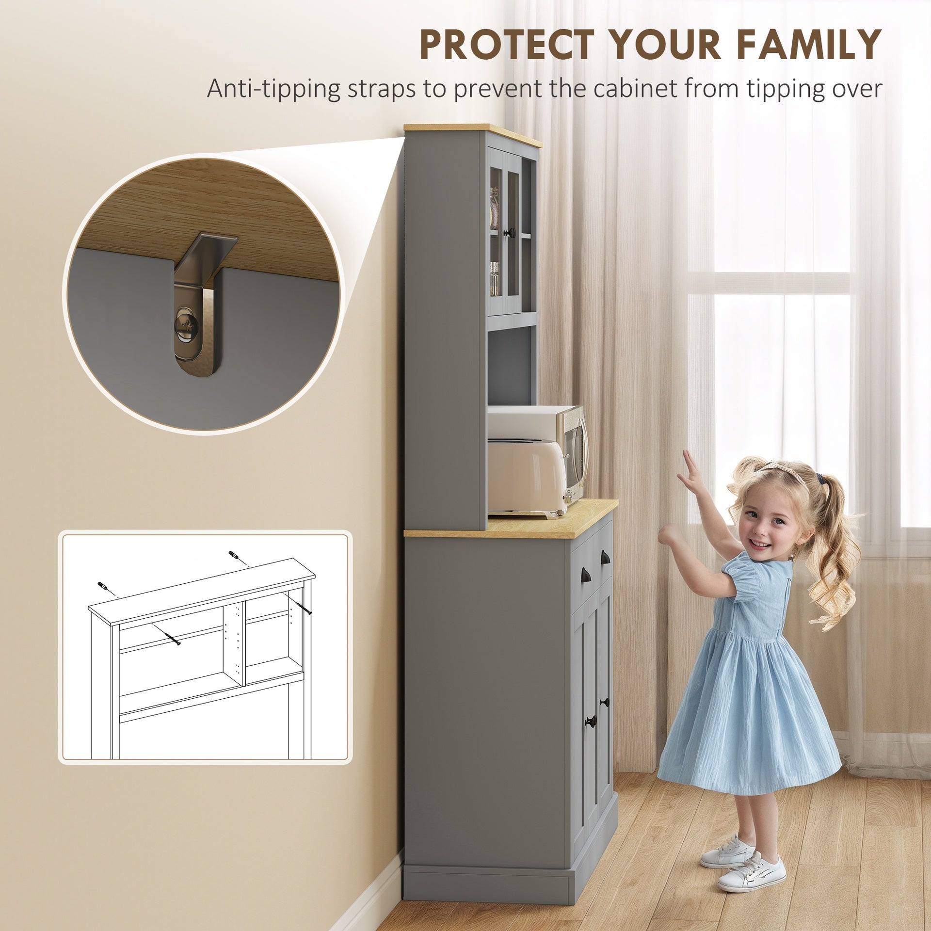 HOMCOM Freestanding Kitchen Cabinet, 71" Tall Pantry Cabinet, Modern Hutch with Wide Countertop, Adjustable Shelves, Gray