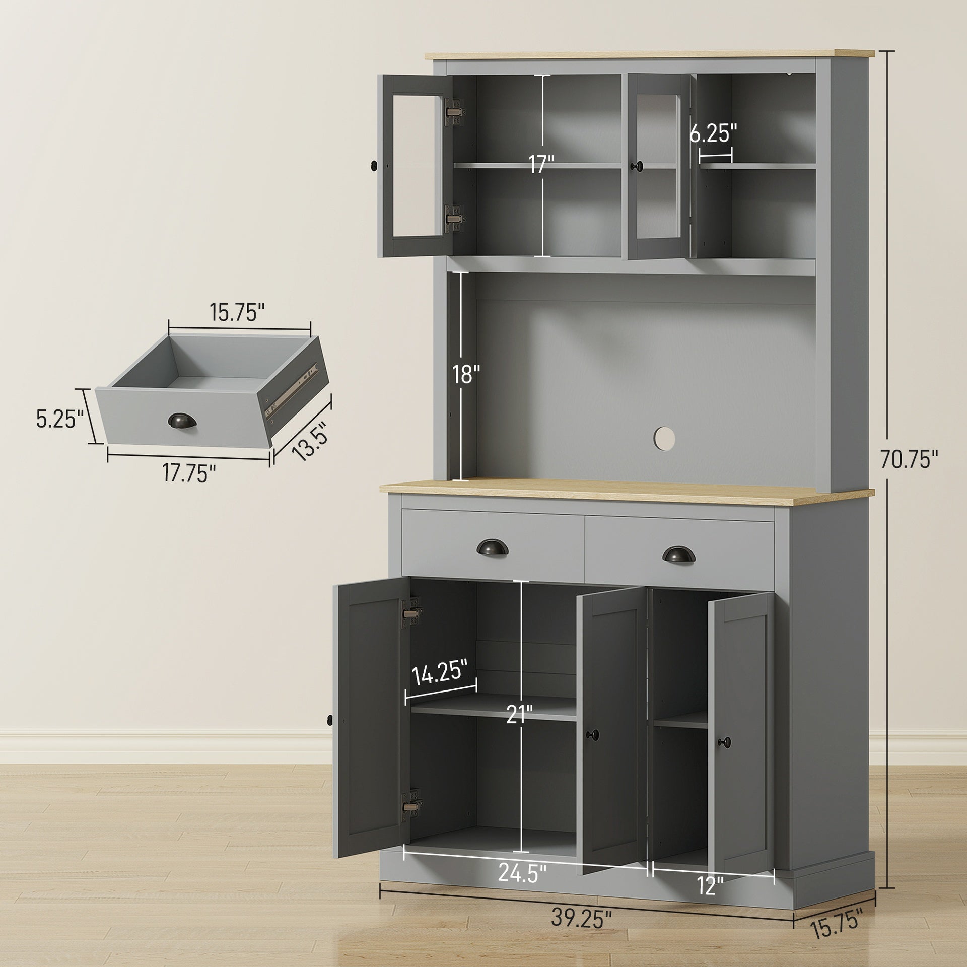 HOMCOM Freestanding Kitchen Cabinet, 71" Tall Pantry Cabinet, Modern Hutch with Wide Countertop, Adjustable Shelves, Gray