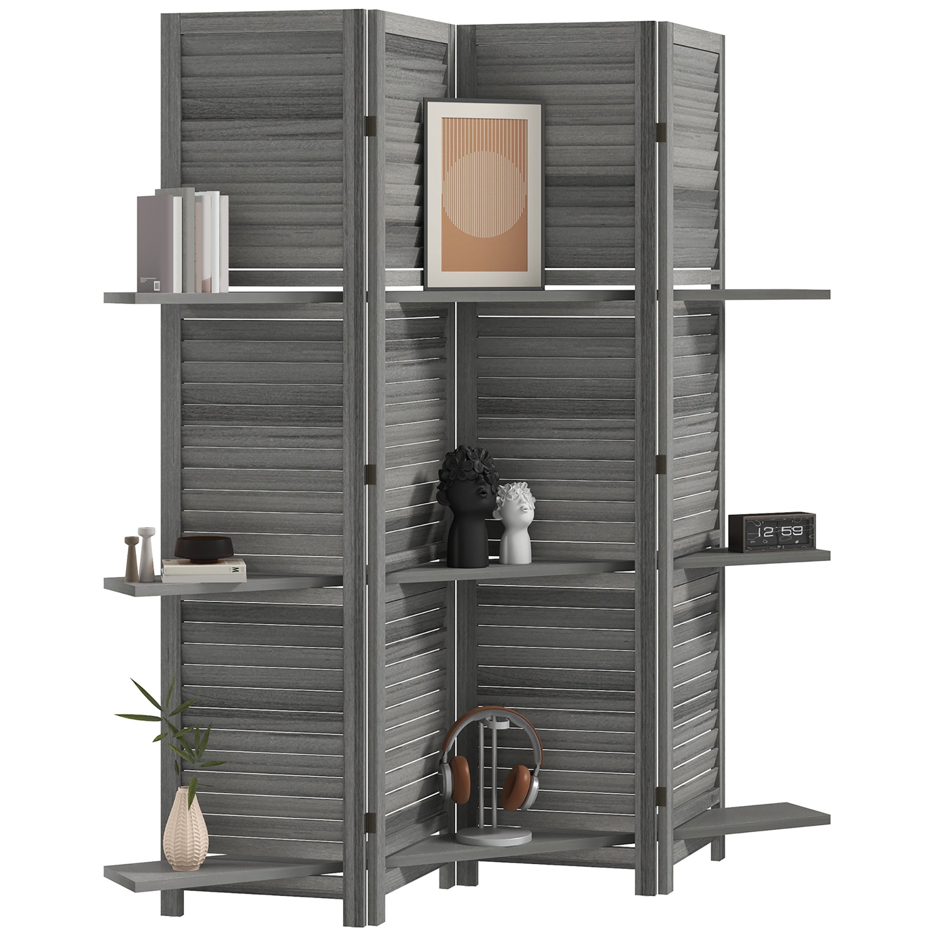 HOMCOM 4 Panel 67" Tall Wood Privacy Screen Room Divider with 3 Shelves and Folding Storage for Bedroom, Gray