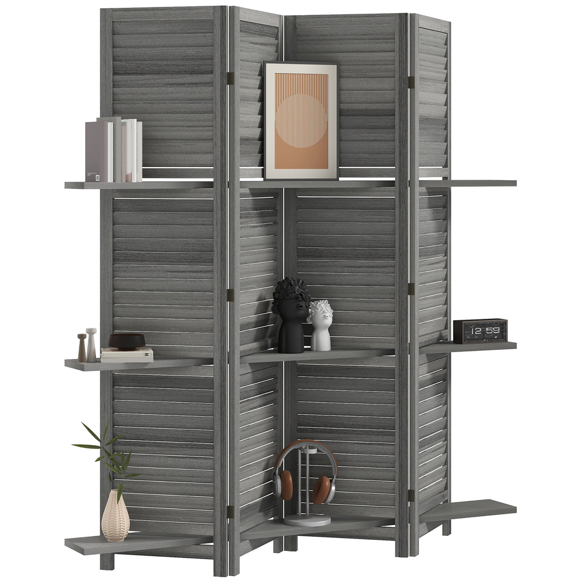 HOMCOM 4 Panel 67" Tall Wood Privacy Screen Room Divider with 3 Shelves and Folding Storage for Bedroom, Gray