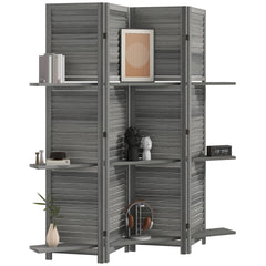 HOMCOM 4 Panel 67" Tall Wood Privacy Screen Room Divider with 3 Shelves and Folding Storage for Bedroom, Gray