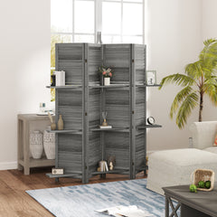 HOMCOM 4 Panel 67" Tall Wood Privacy Screen Room Divider with 3 Shelves and Folding Storage for Bedroom, Gray
