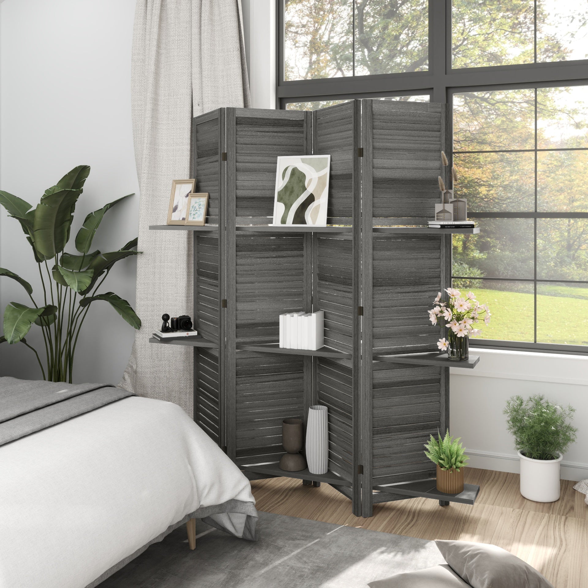 HOMCOM 4 Panel 67" Tall Wood Privacy Screen Room Divider with 3 Shelves and Folding Storage for Bedroom, Gray