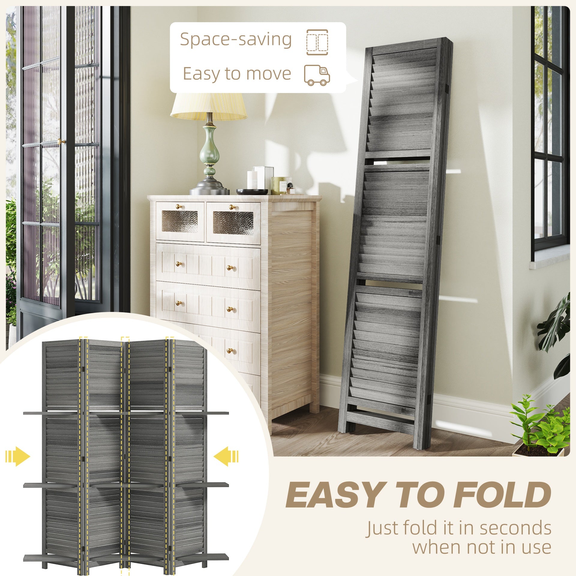 HOMCOM 4 Panel 67" Tall Wood Privacy Screen Room Divider with 3 Shelves and Folding Storage for Bedroom, Gray