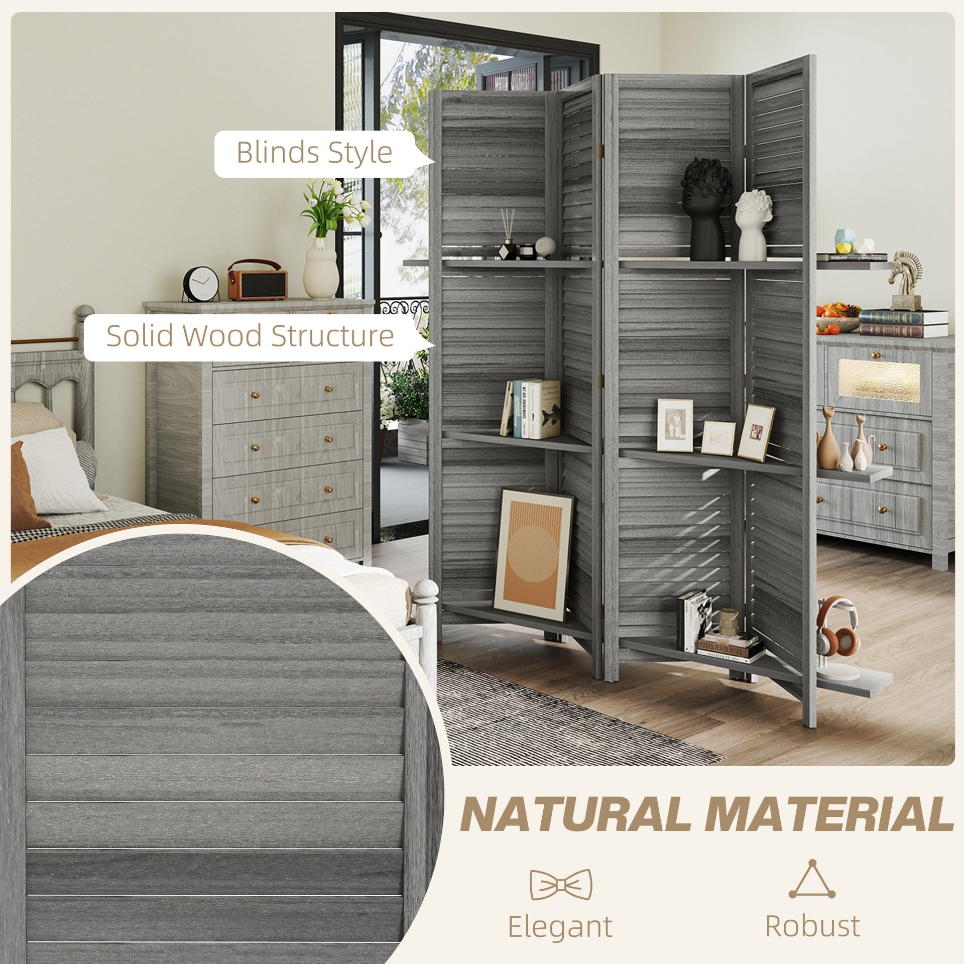 HOMCOM 4 Panel 67" Tall Wood Privacy Screen Room Divider with 3 Shelves and Folding Storage for Bedroom, Gray