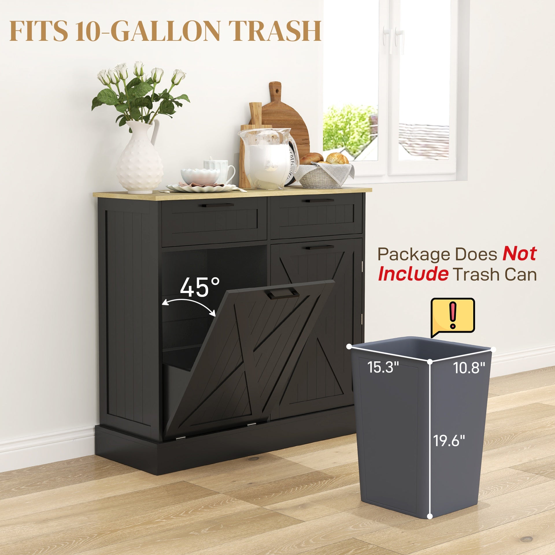 HOMCOM 10 Gallon Farmhouse Kitchen Cabinet with Hidden Trash Can and 2 Drawers, Tilt Out Trash Can Cabinet for Kitchen, Black