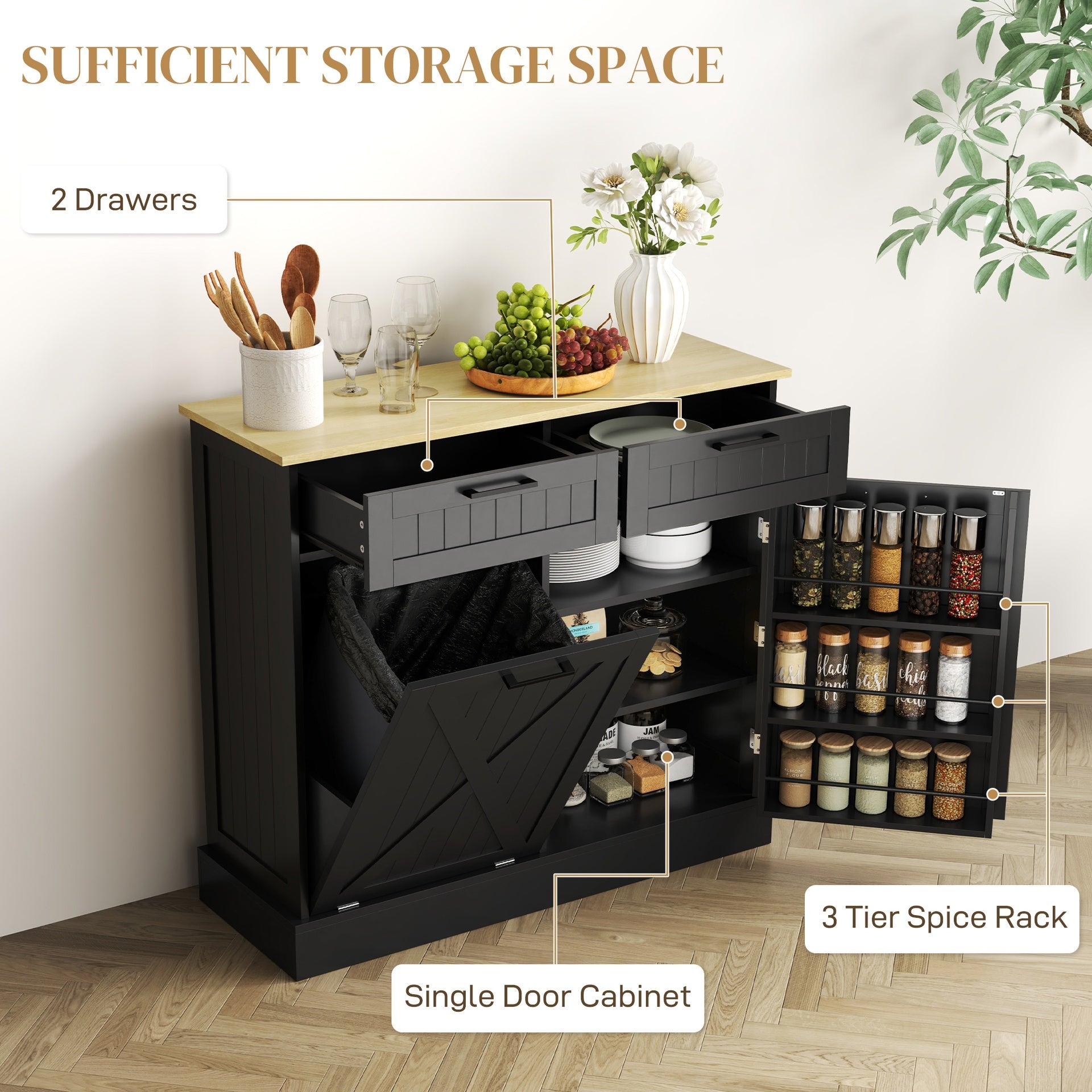 HOMCOM 10 Gallon Farmhouse Kitchen Cabinet with Hidden Trash Can and 2 Drawers, Tilt Out Trash Can Cabinet for Kitchen, Black