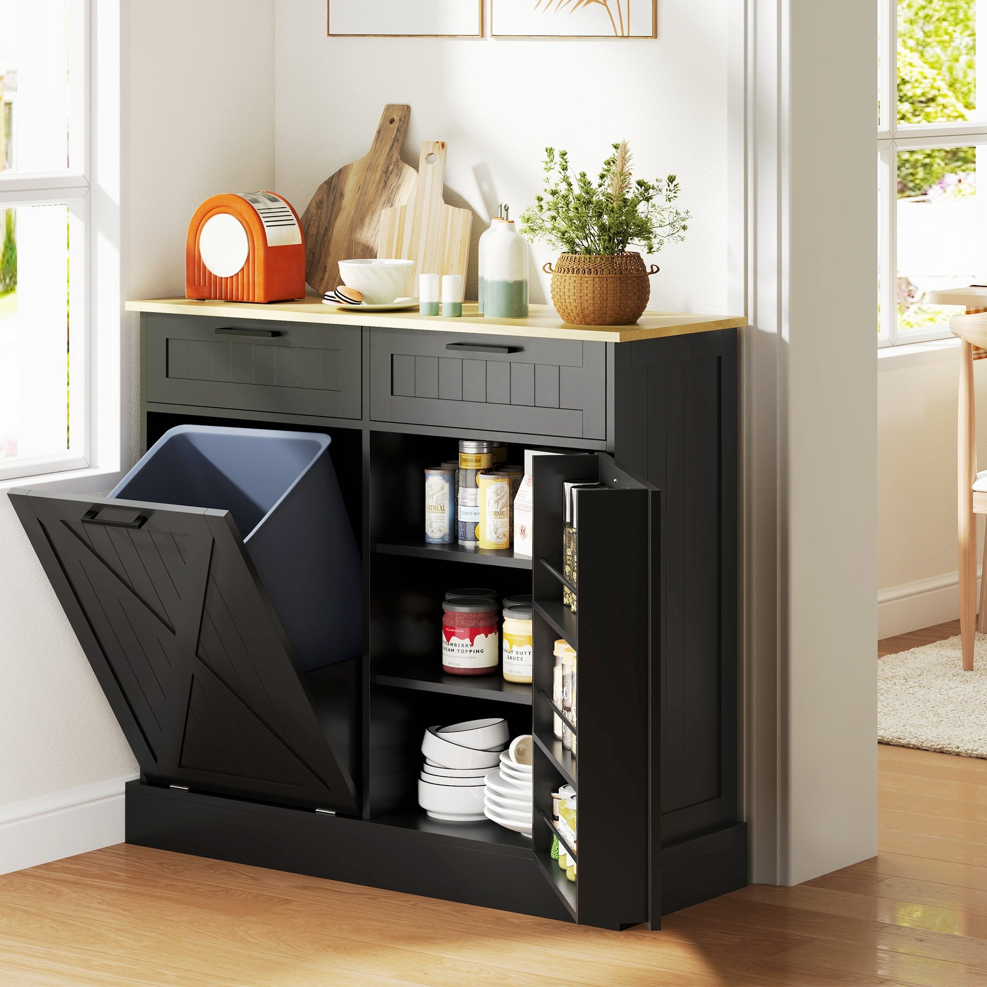 HOMCOM 10 Gallon Farmhouse Kitchen Cabinet with Hidden Trash Can and 2 Drawers, Tilt Out Trash Can Cabinet for Kitchen, Black