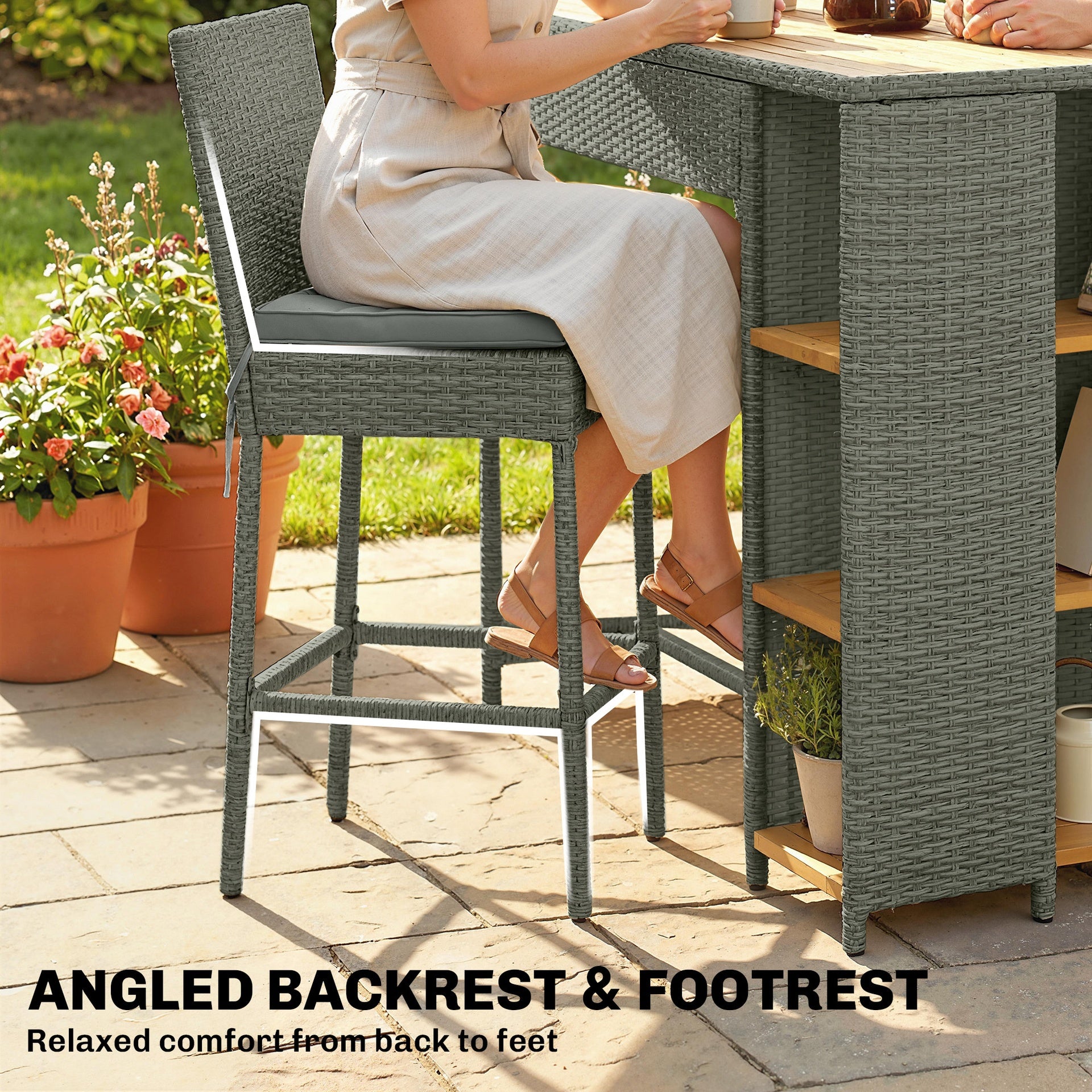 Outsunny 5 Piece Wicker Outdoor Bar Set, Acacia Wood Outdoor High Top Table and Chairs with 3 Tier Shelves, Cushions, Gray