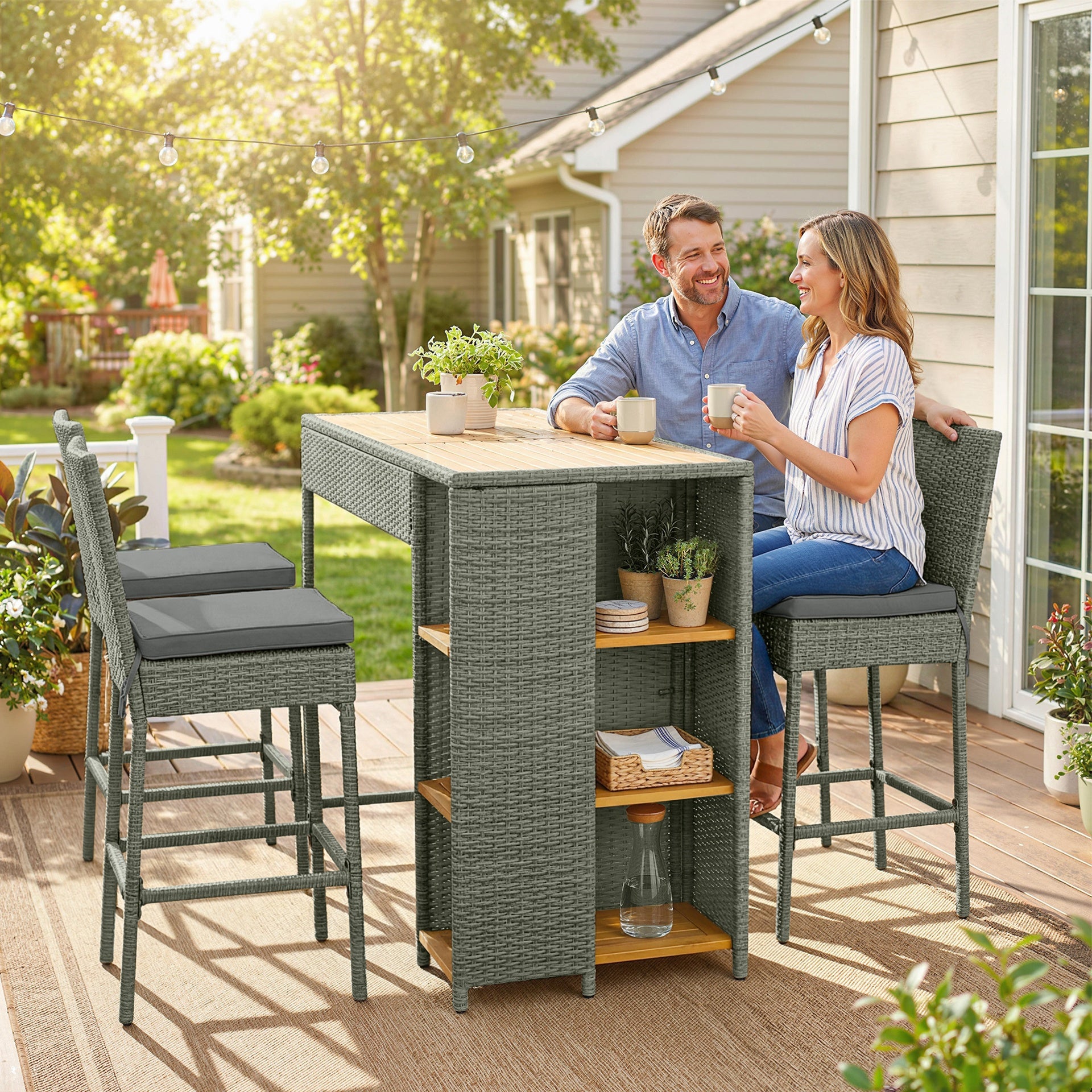 Outsunny 5 Piece Wicker Outdoor Bar Set, Acacia Wood Outdoor High Top Table and Chairs with 3 Tier Shelves, Cushions, Gray