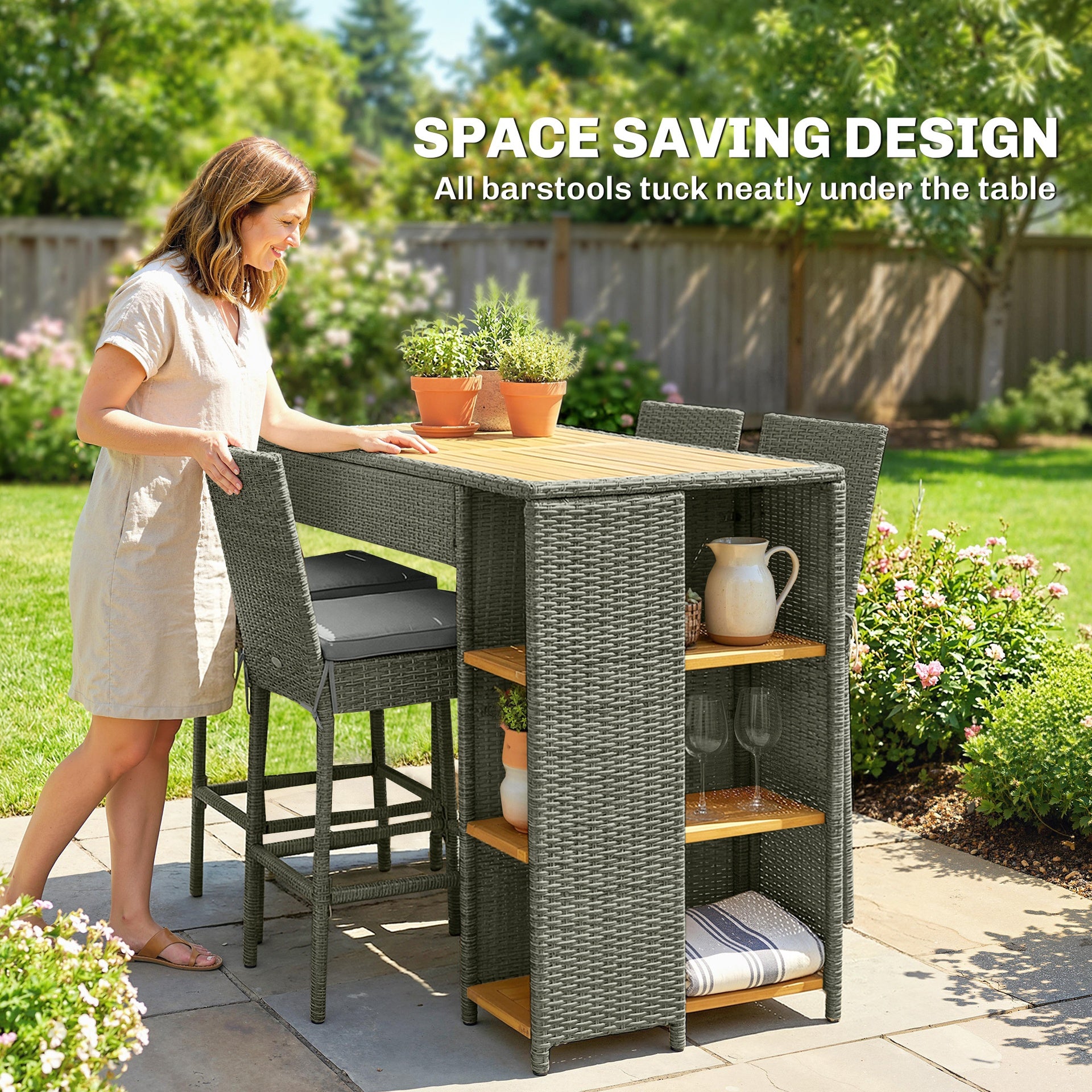 Outsunny 5 Piece Wicker Outdoor Bar Set, Acacia Wood Outdoor High Top Table and Chairs with 3 Tier Shelves, Cushions, Gray