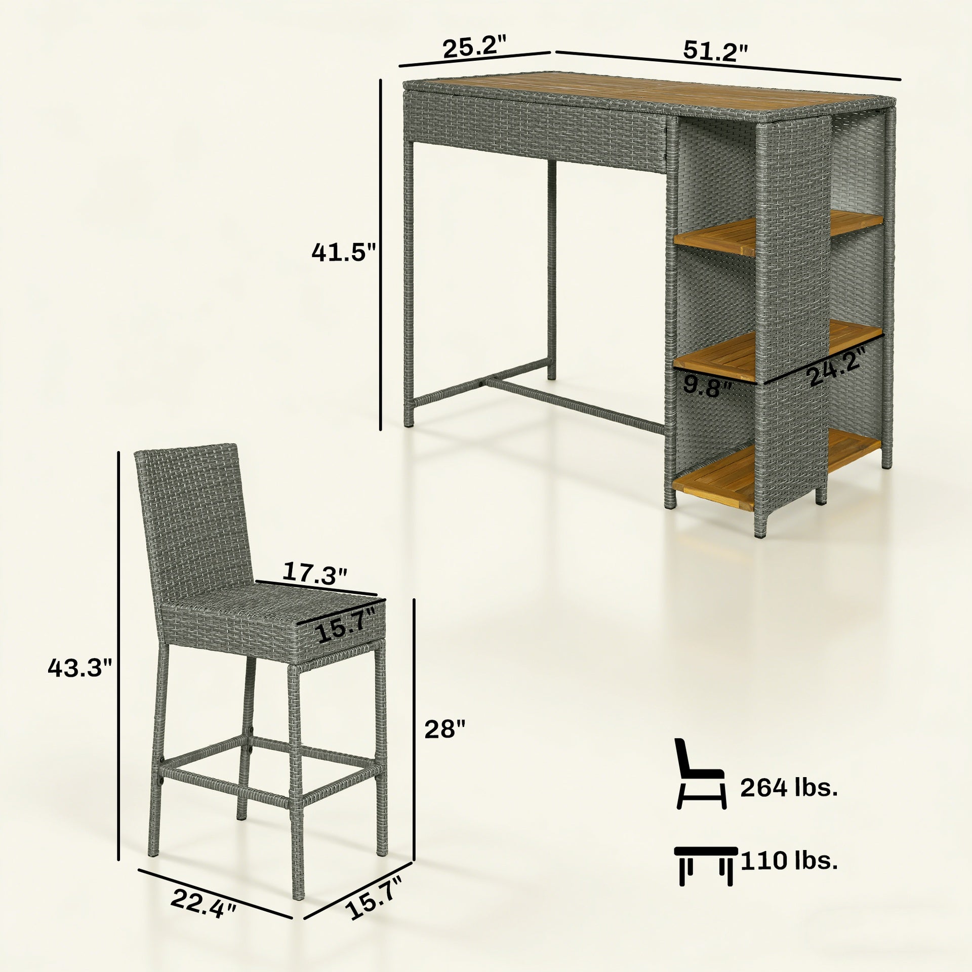 Outsunny 5 Piece Wicker Outdoor Bar Set, Acacia Wood Outdoor High Top Table and Chairs with 3 Tier Shelves, Cushions, Gray