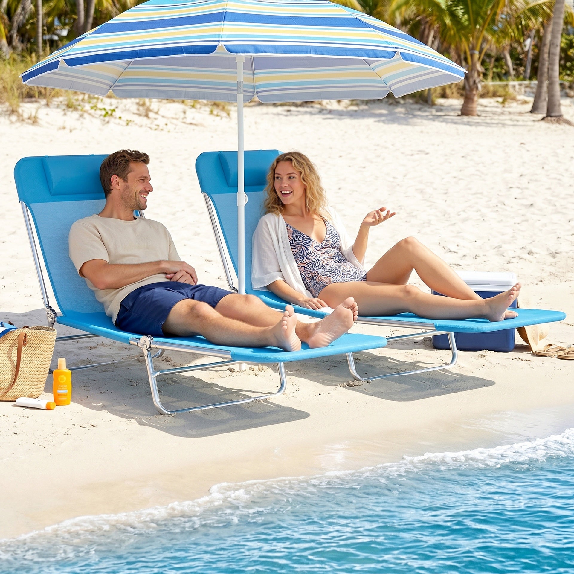 Outsunny 2 Piece Folding Chaise Lounge Chairs, Pool Sun Tanning Chairs with Reclining Back, Breathable Mesh Seat, Headrest for Beach, Yard, Patio, Blue