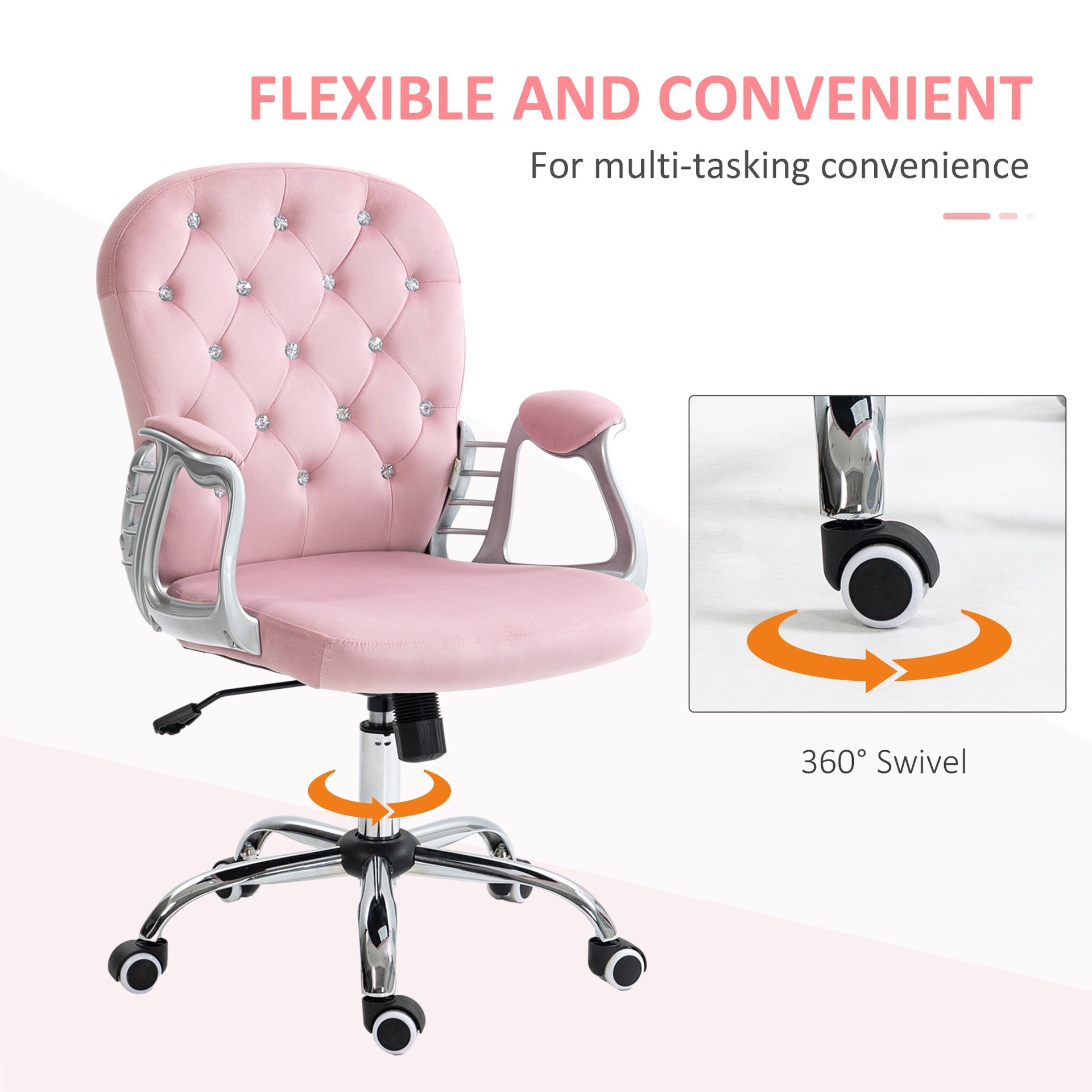 Vinsetto Button Tufted Desk Chair, Home Office Chair with Padded Armrests, Adjustable Height and Swivel Wheels, Pink