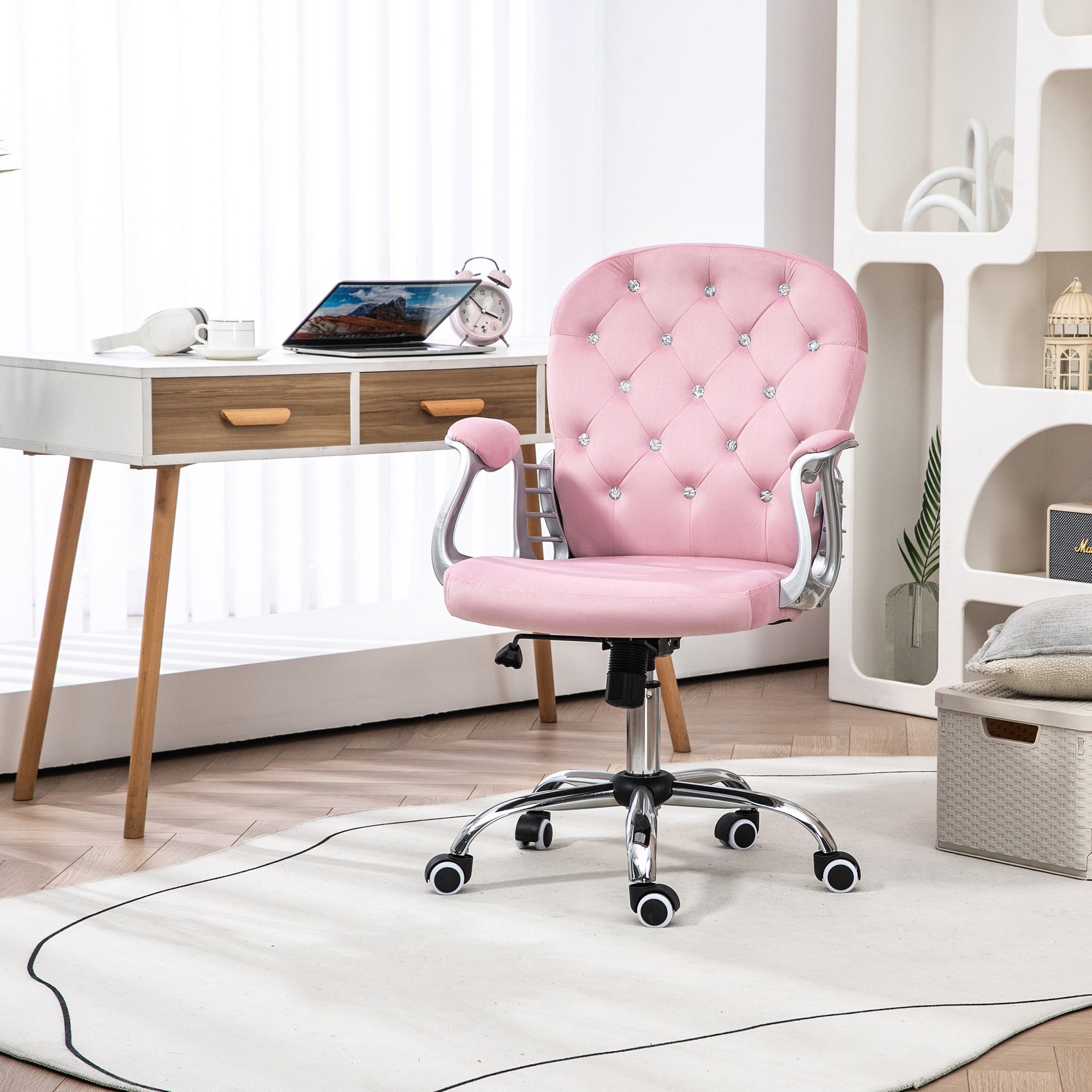 Vinsetto Button Tufted Desk Chair, Home Office Chair with Padded Armrests, Adjustable Height and Swivel Wheels, Pink