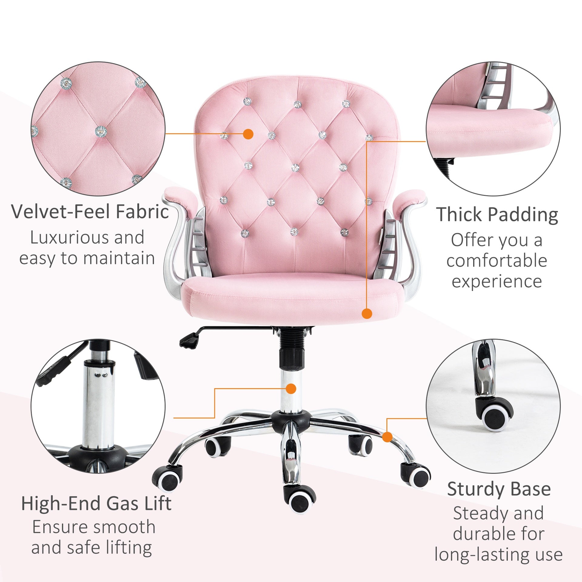 Vinsetto Button Tufted Desk Chair, Home Office Chair with Padded Armrests, Adjustable Height and Swivel Wheels, Pink