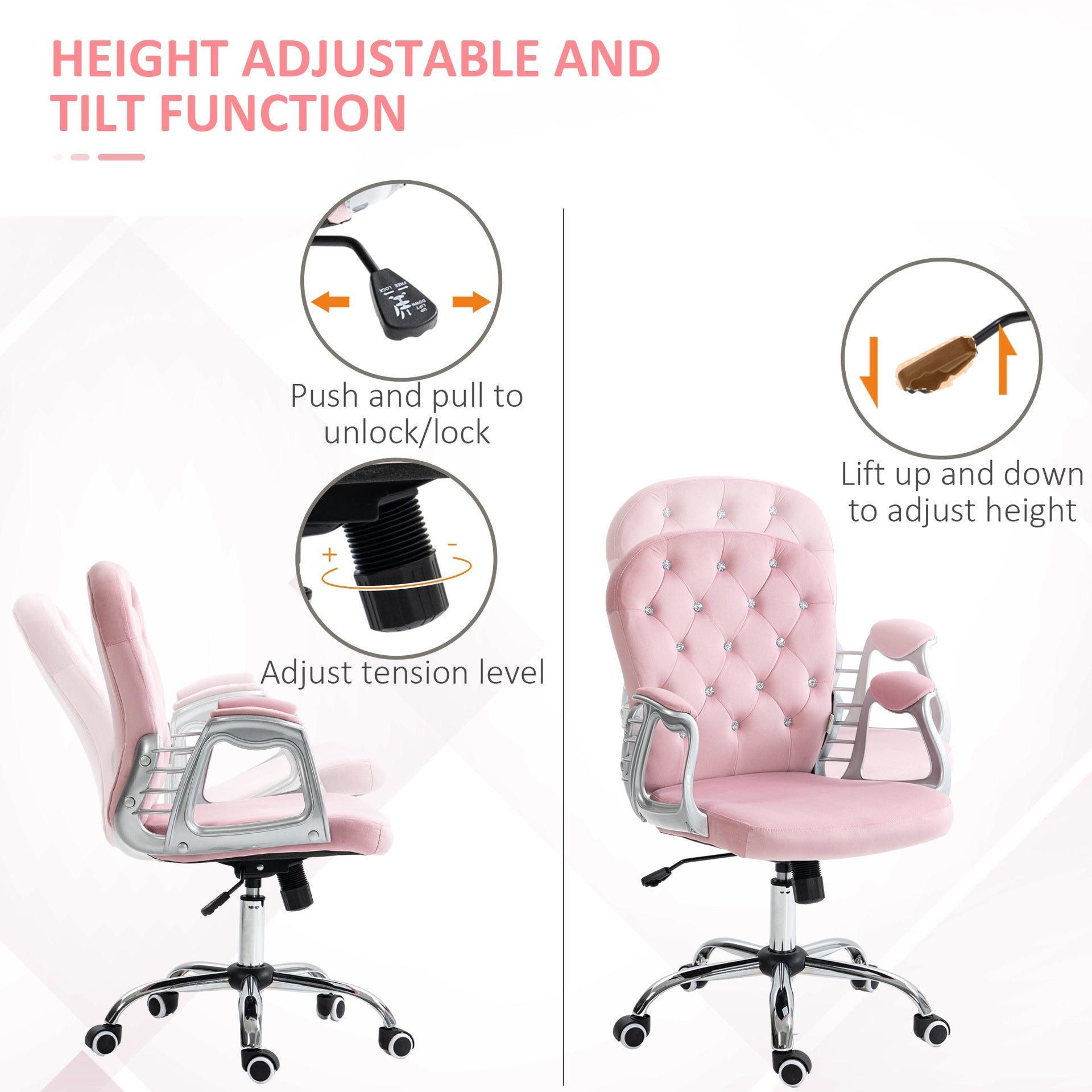 Vinsetto Button Tufted Desk Chair, Home Office Chair with Padded Armrests, Adjustable Height and Swivel Wheels, Pink