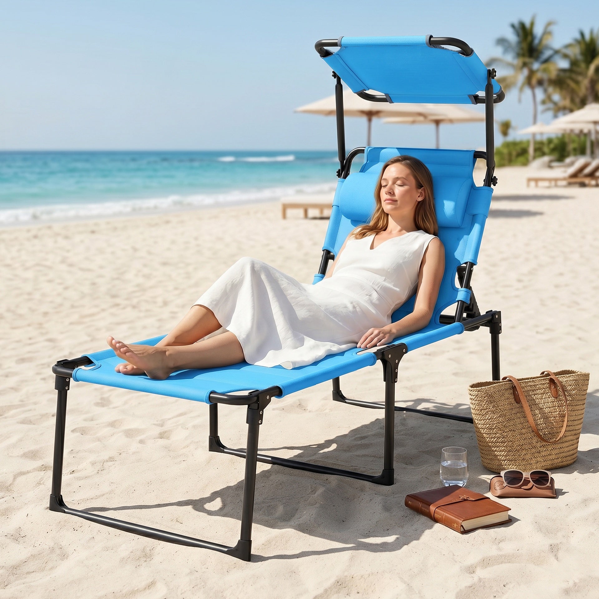 Outsunny Outdoor Lounge Chair, 4 Position Adjustable Backrest, Folding, Cushioned w/ Sun Shade Roof & Pillow, Blue