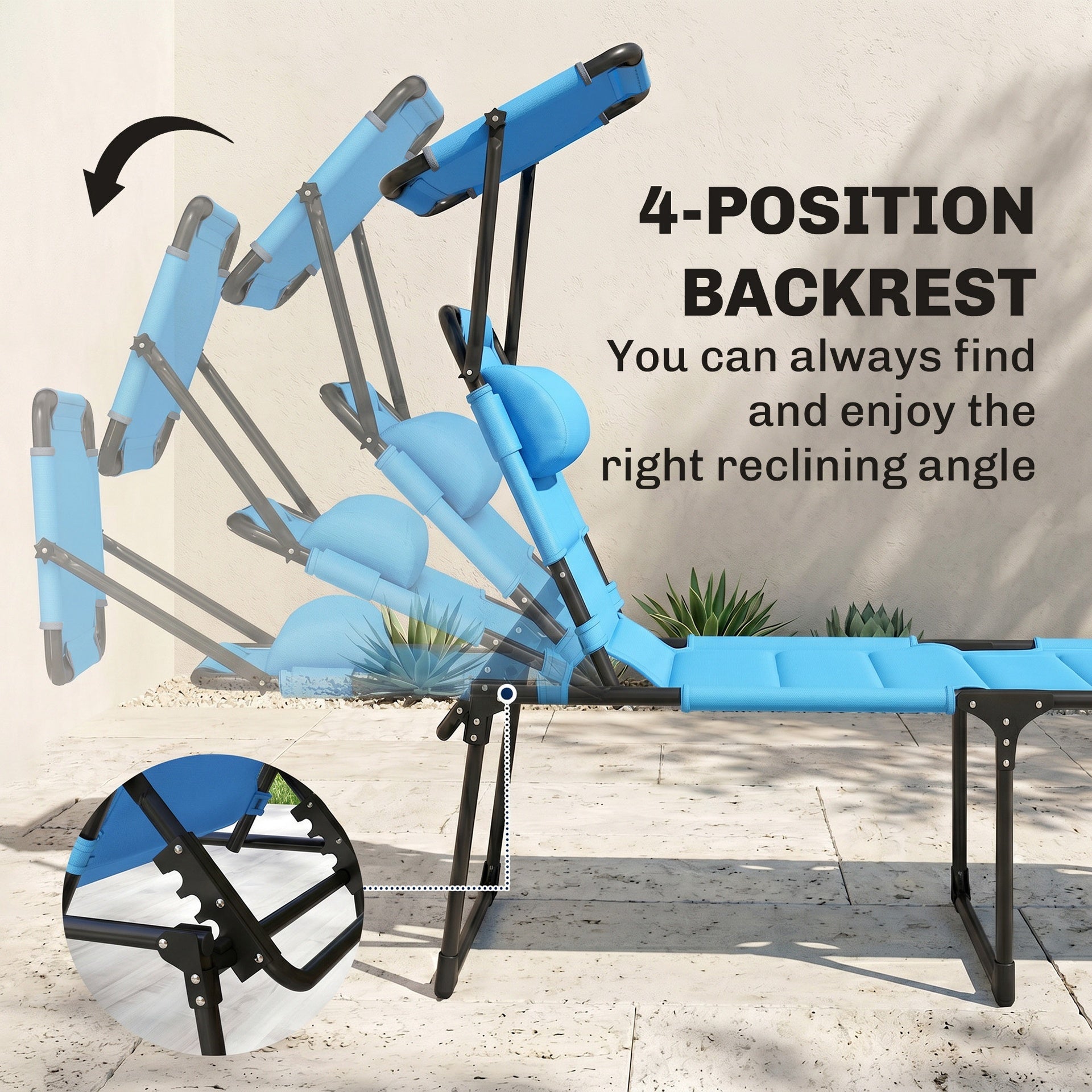 Outsunny Outdoor Lounge Chair, 4 Position Adjustable Backrest, Folding, Cushioned w/ Sun Shade Roof & Pillow, Blue