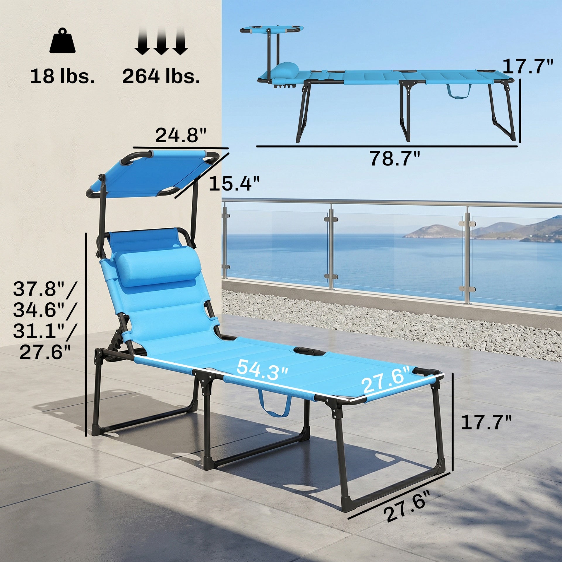 Outsunny Outdoor Lounge Chair, 4 Position Adjustable Backrest, Folding, Cushioned w/ Sun Shade Roof & Pillow, Blue