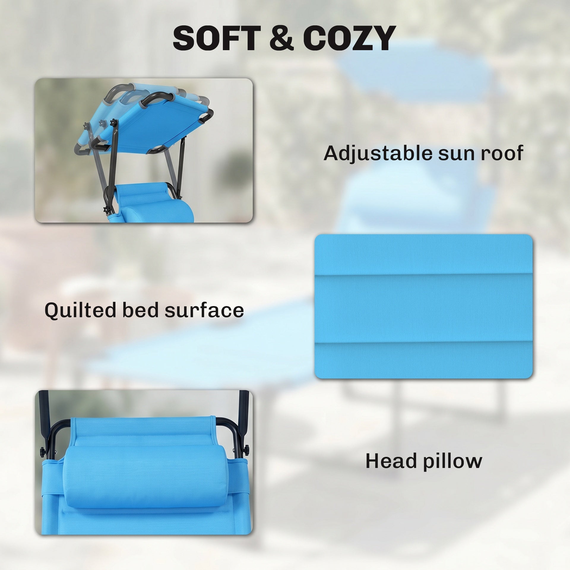Outsunny Outdoor Lounge Chair, 4 Position Adjustable Backrest, Folding, Cushioned w/ Sun Shade Roof & Pillow, Blue