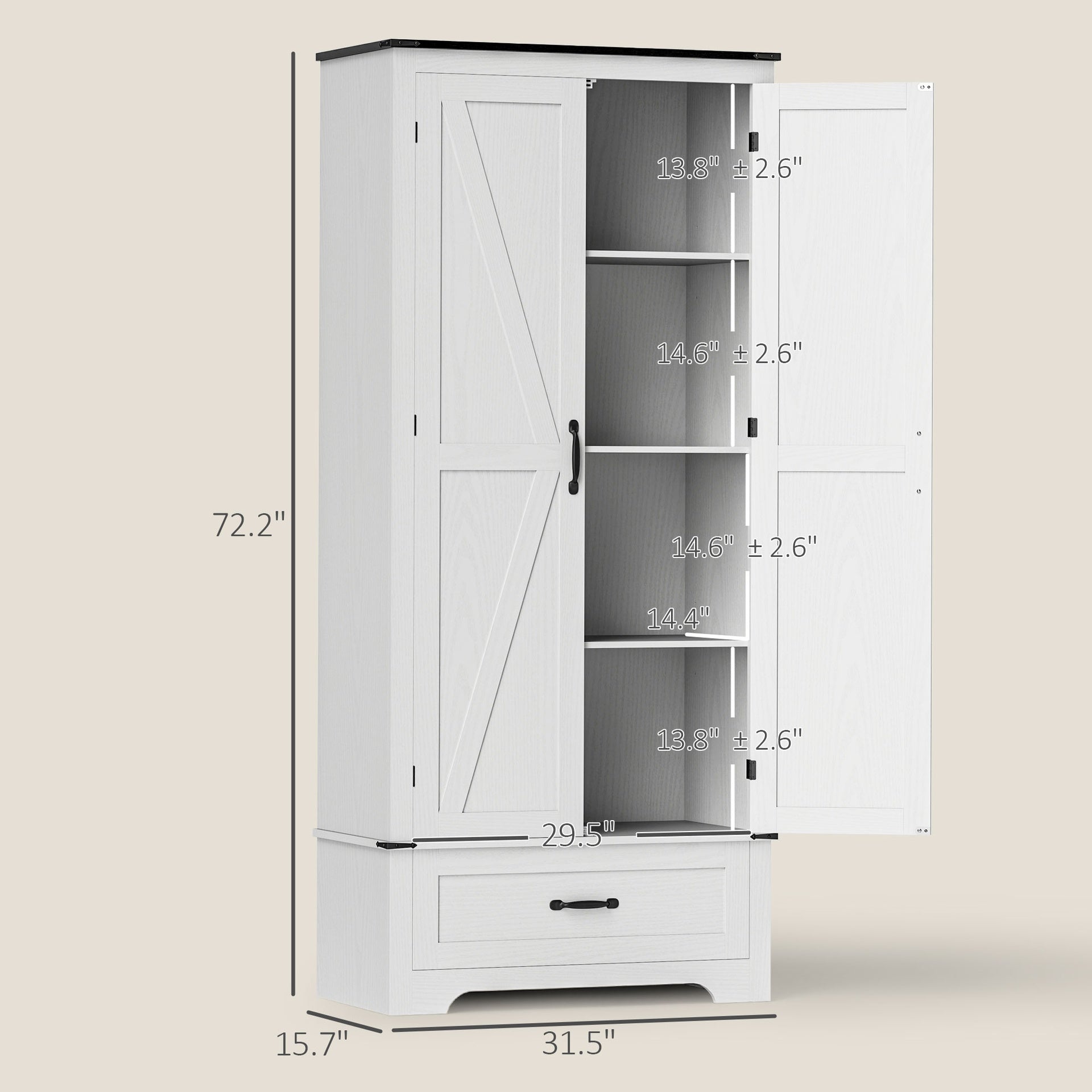 HOMCOM 72" Farmhouse Pantry Cabinet with Adjustable Shelves, Kitchen Pantry Cabinet with 2 Doors, Distressed White