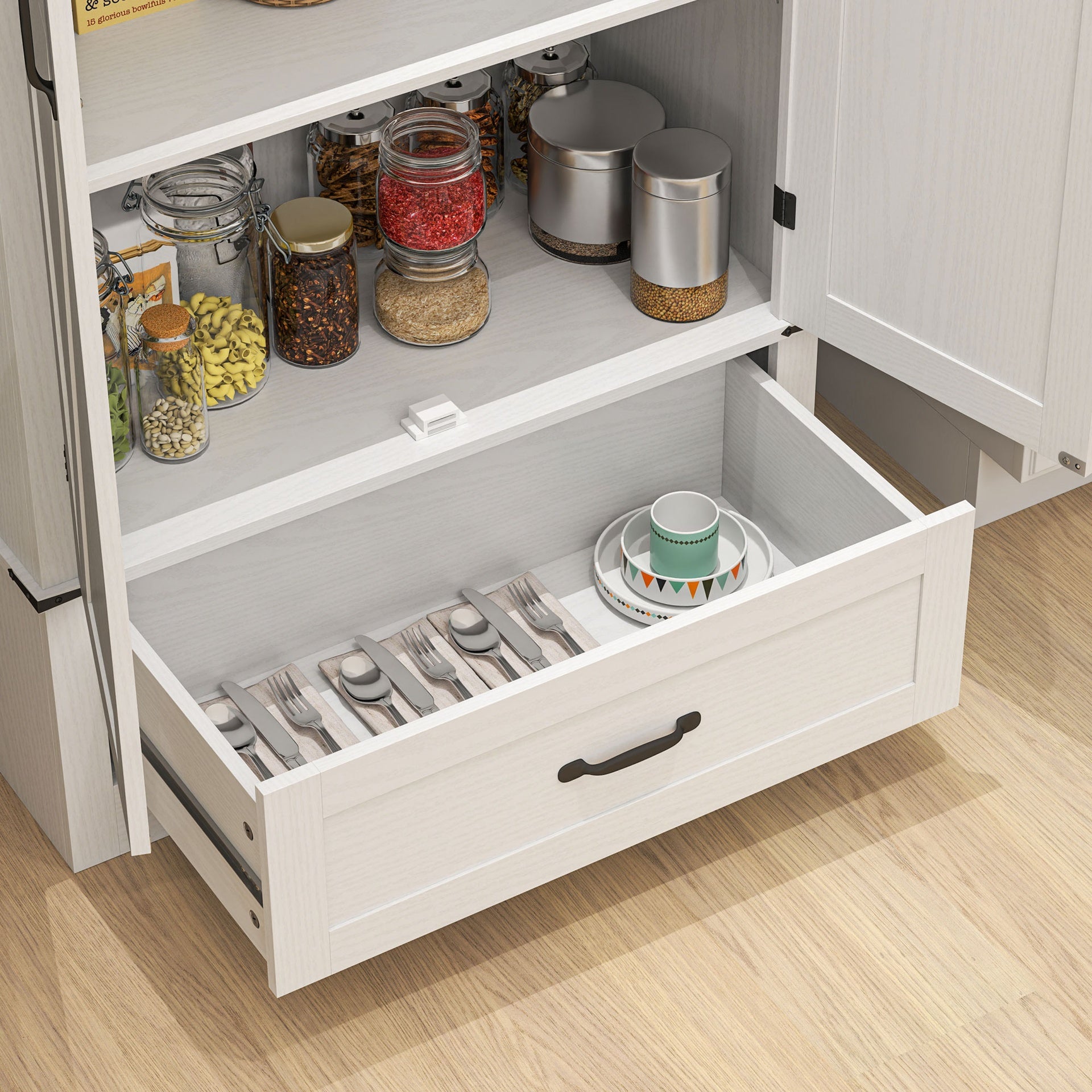 HOMCOM 72" Farmhouse Pantry Cabinet with Adjustable Shelves, Kitchen Pantry Cabinet with 2 Doors, Distressed White