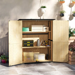 Outsunny Wood Storage Shed, Outdoor Garden Shed with Asphalt Roof, 2 Shelves, Lockable Doors and Adjustable Feet, Natural