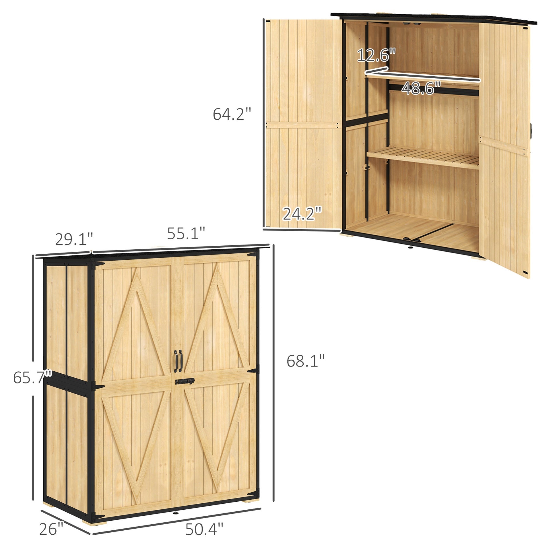 Outsunny Wood Storage Shed, Outdoor Garden Shed with Asphalt Roof, 2 Shelves, Lockable Doors and Adjustable Feet, Natural
