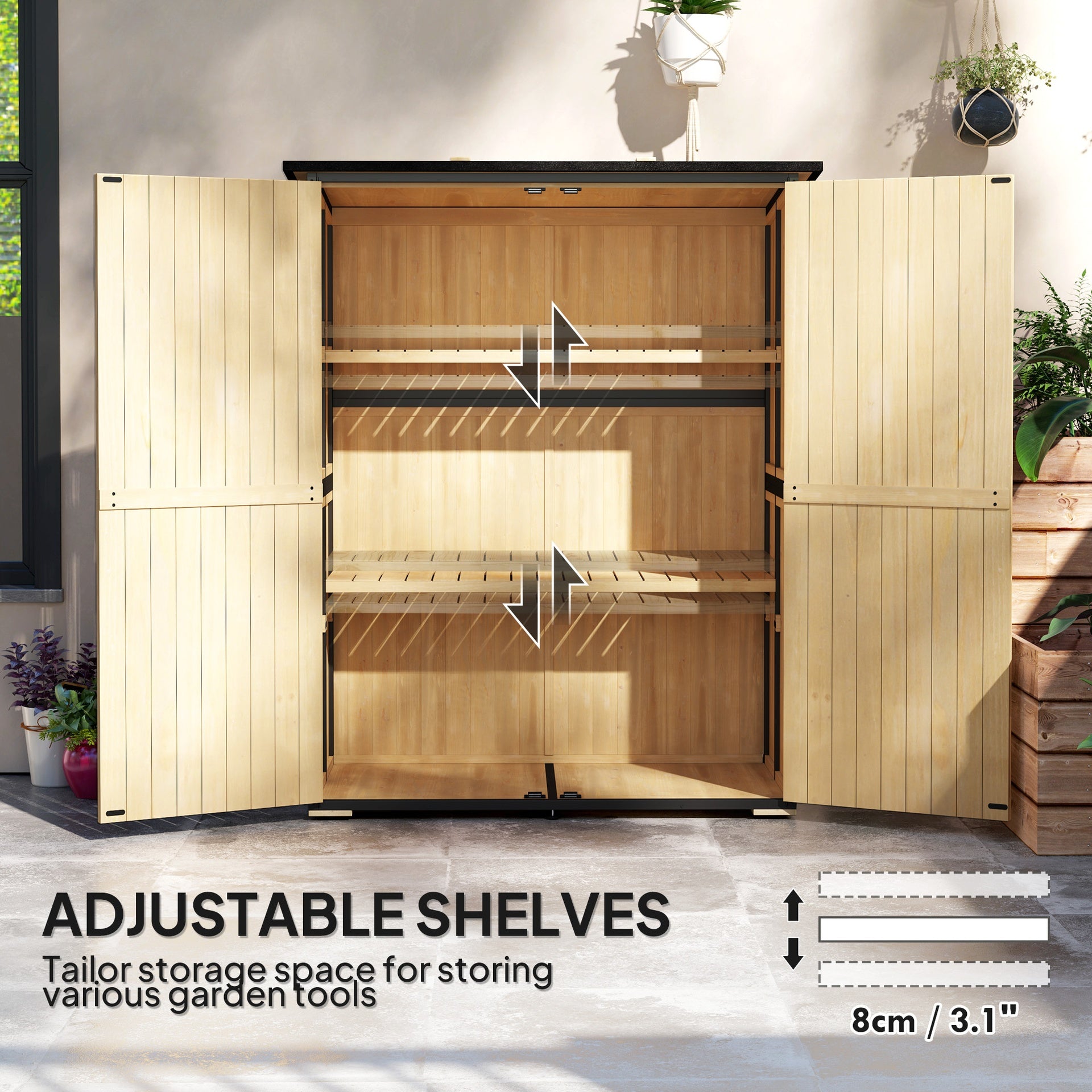 Outsunny Wood Storage Shed, Outdoor Garden Shed with Asphalt Roof, 2 Shelves, Lockable Doors and Adjustable Feet, Natural