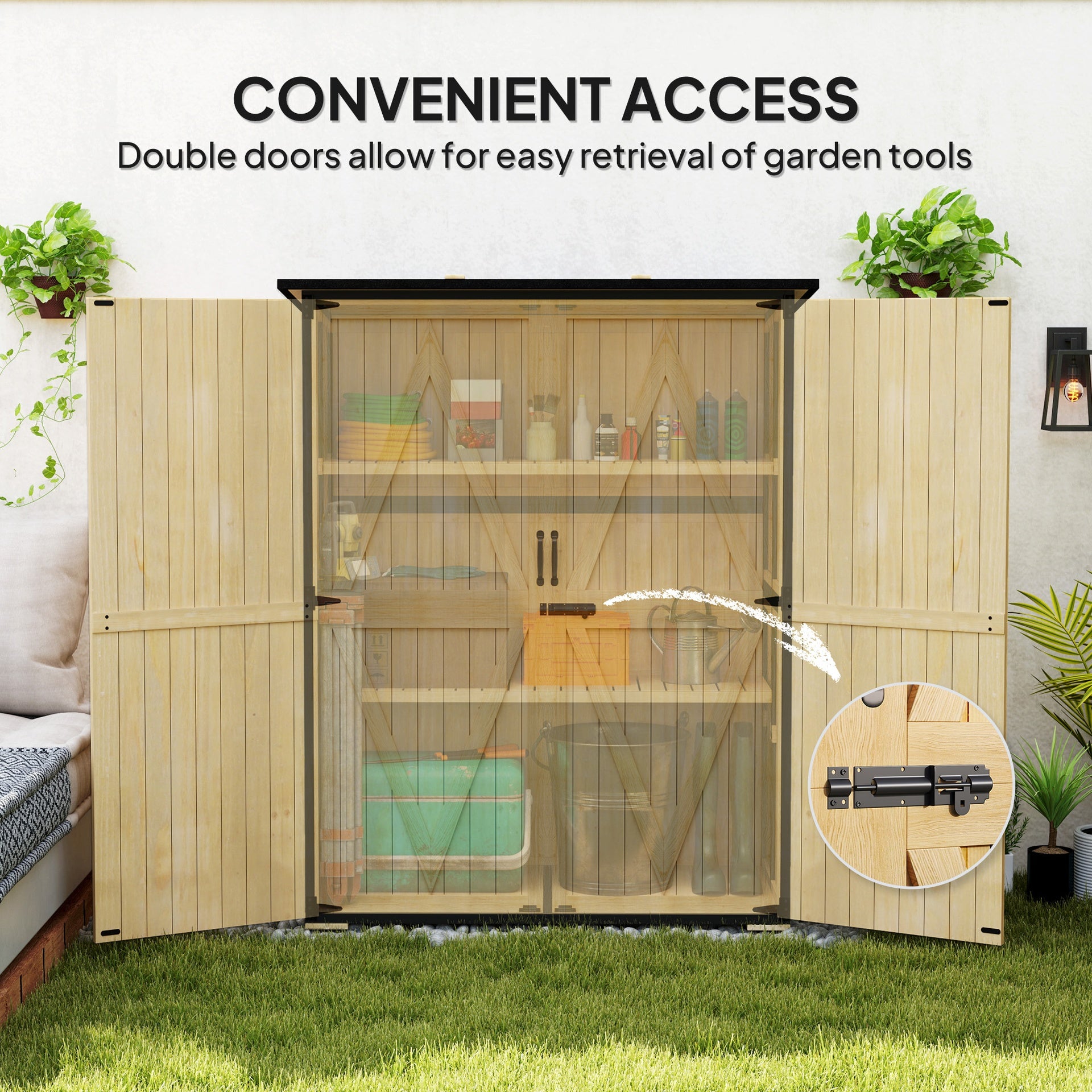 Outsunny Wood Storage Shed, Outdoor Garden Shed with Asphalt Roof, 2 Shelves, Lockable Doors and Adjustable Feet, Natural