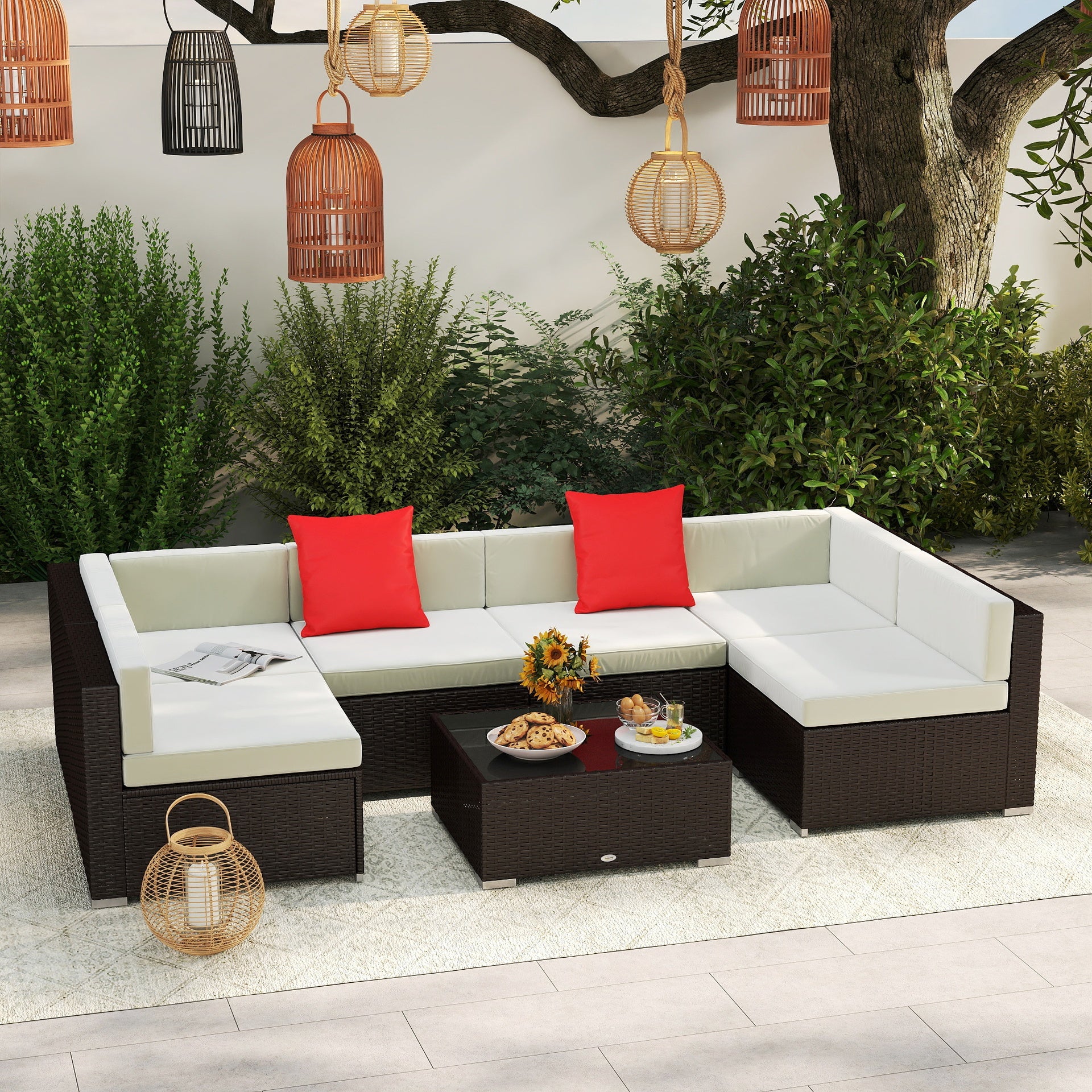 Outsunny 7 Piece Outdoor Patio Sofa Set with Cushions, All Weather PE Rattan, 29.5" Sofa Section, Glass Top Coffee Table for Outdoor Living, Beige
