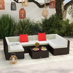 Outsunny 7 Piece Outdoor Patio Sofa Set with Cushions, All Weather PE Rattan, 29.5" Sofa Section, Glass Top Coffee Table for Outdoor Living, Beige