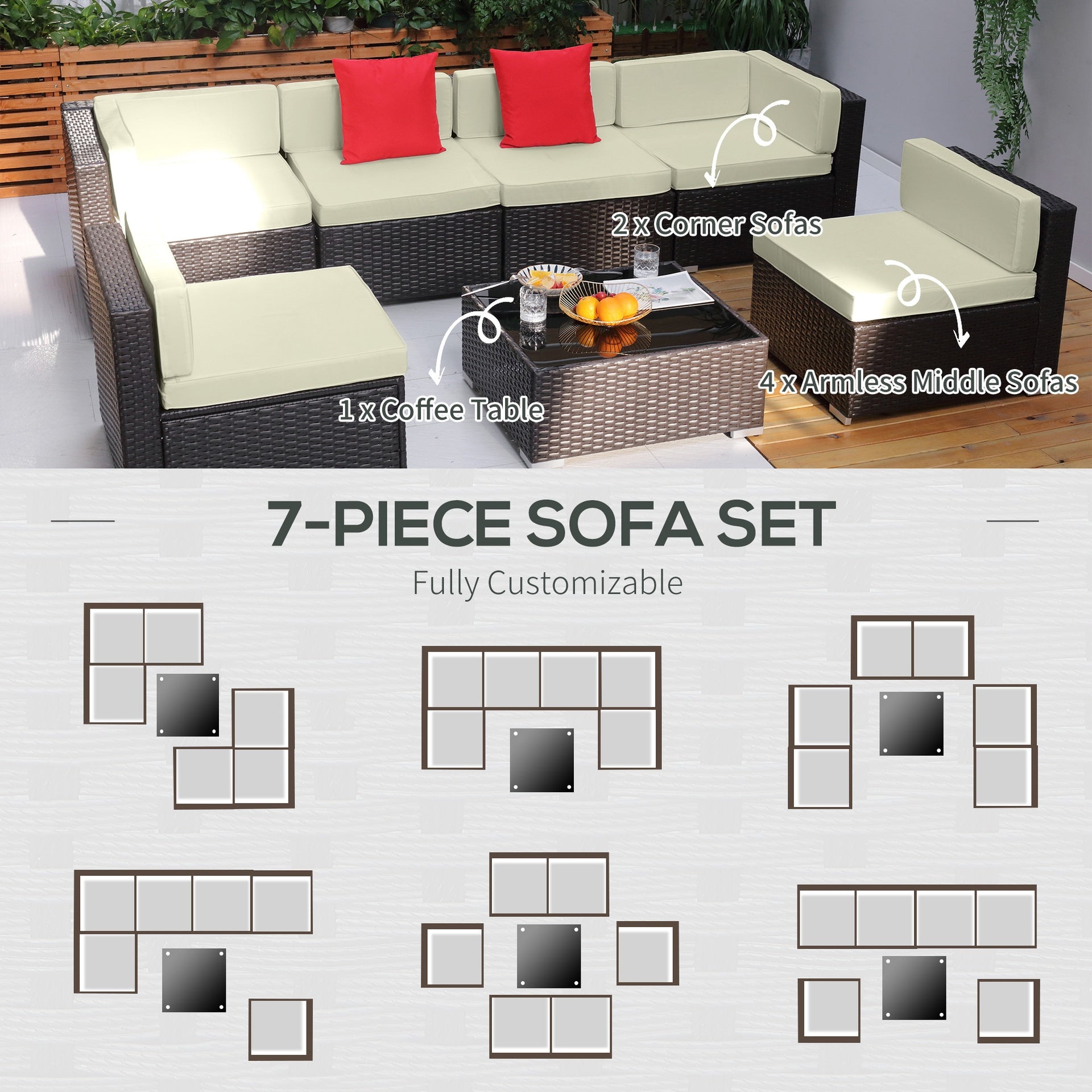 Outsunny 7 Piece Outdoor Patio Sofa Set with Cushions, All Weather PE Rattan, 29.5" Sofa Section, Glass Top Coffee Table for Outdoor Living, Beige