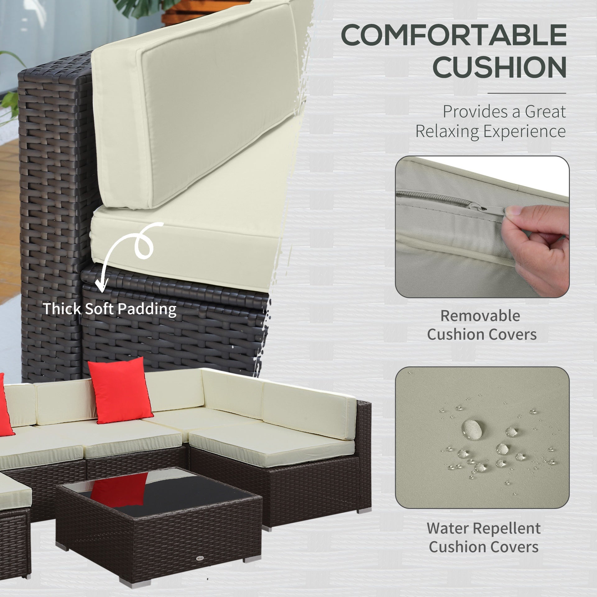 Outsunny 7 Piece Outdoor Patio Sofa Set with Cushions, All Weather PE Rattan, 29.5" Sofa Section, Glass Top Coffee Table for Outdoor Living, Beige