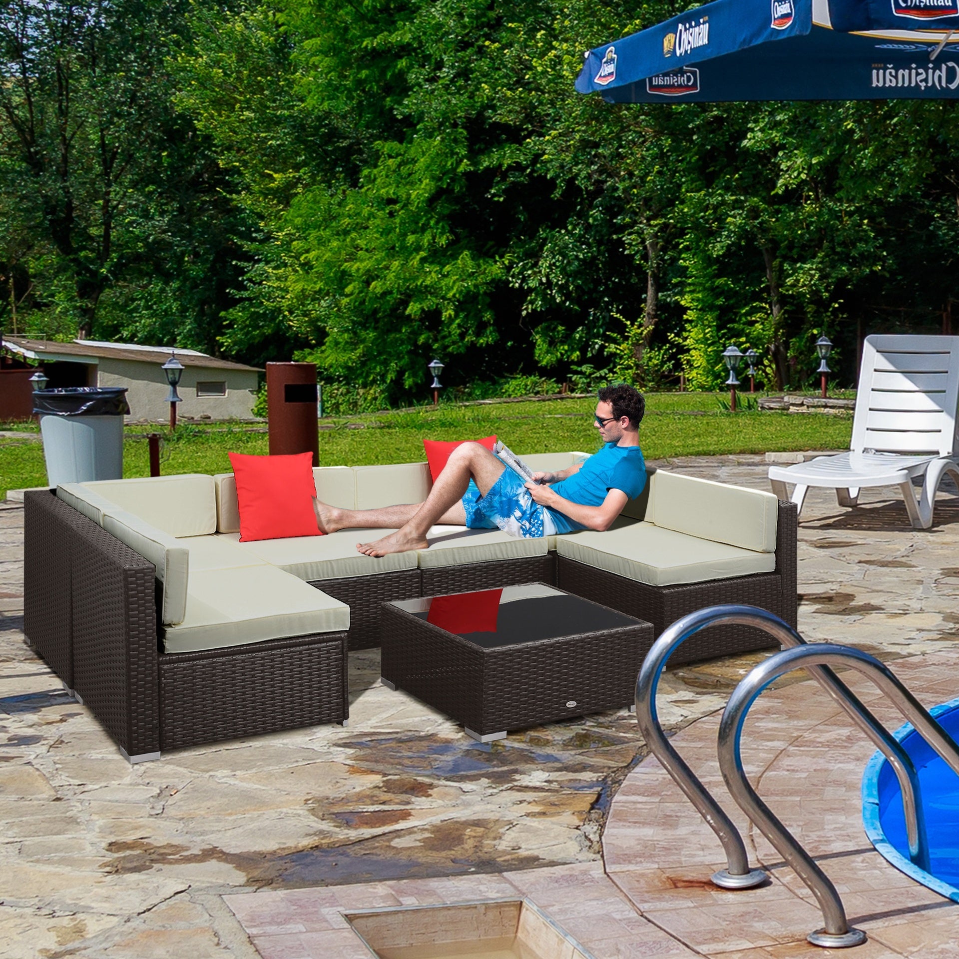 Outsunny 7 Piece Outdoor Patio Sofa Set with Cushions, All Weather PE Rattan, 29.5" Sofa Section, Glass Top Coffee Table for Outdoor Living, Beige