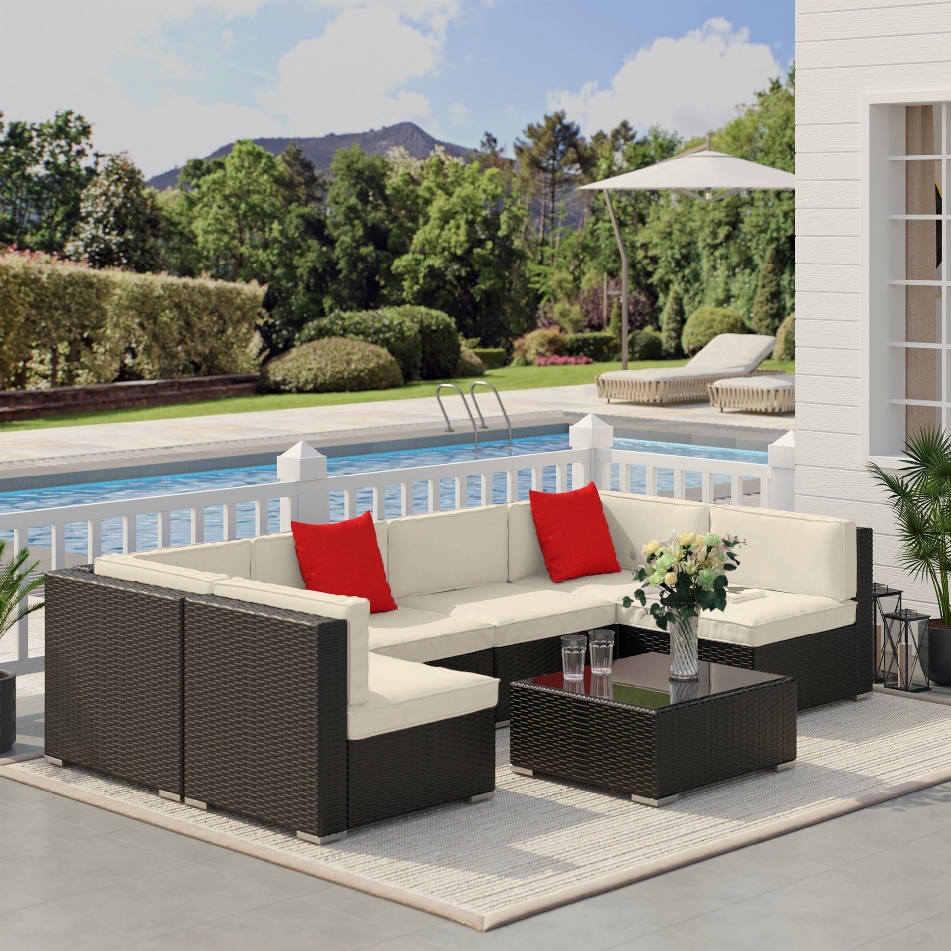 Outsunny 7 Piece Outdoor Patio Sofa Set with Cushions, All Weather PE Rattan, 29.5" Sofa Section, Glass Top Coffee Table for Outdoor Living, Beige