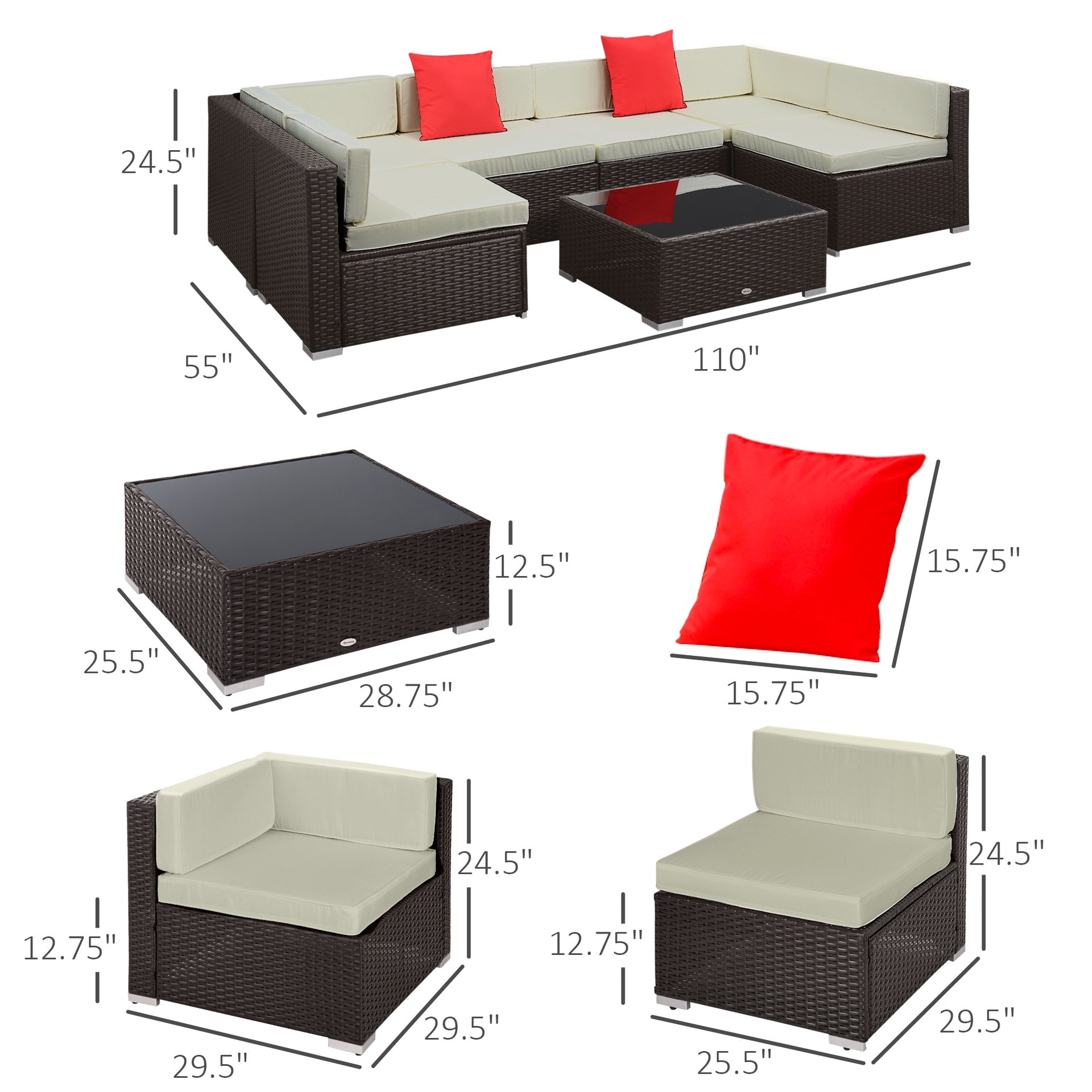 Outsunny 7 Piece Outdoor Patio Sofa Set with Cushions, All Weather PE Rattan, 29.5" Sofa Section, Glass Top Coffee Table for Outdoor Living, Beige