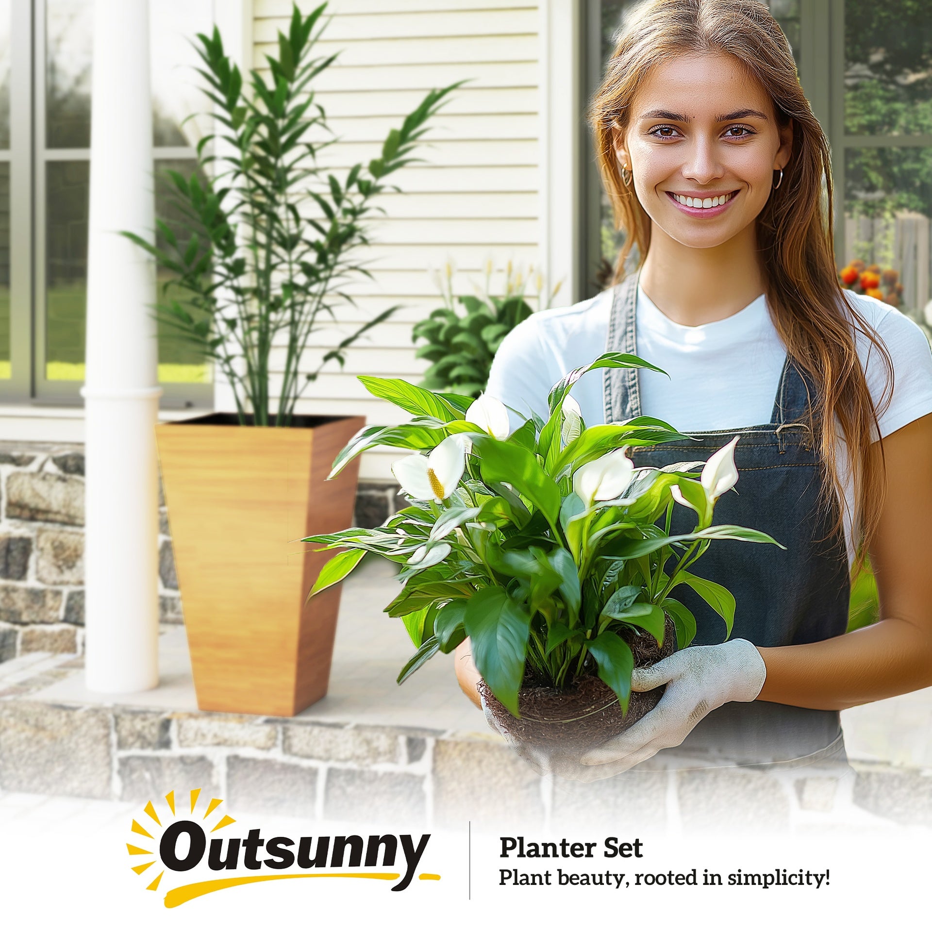 Outsunny Set of 3 Tall Planters, 28" Outdoor Planter w/ Drainage Holes, Faux Wood Plastic Flower Pots, Light Brown