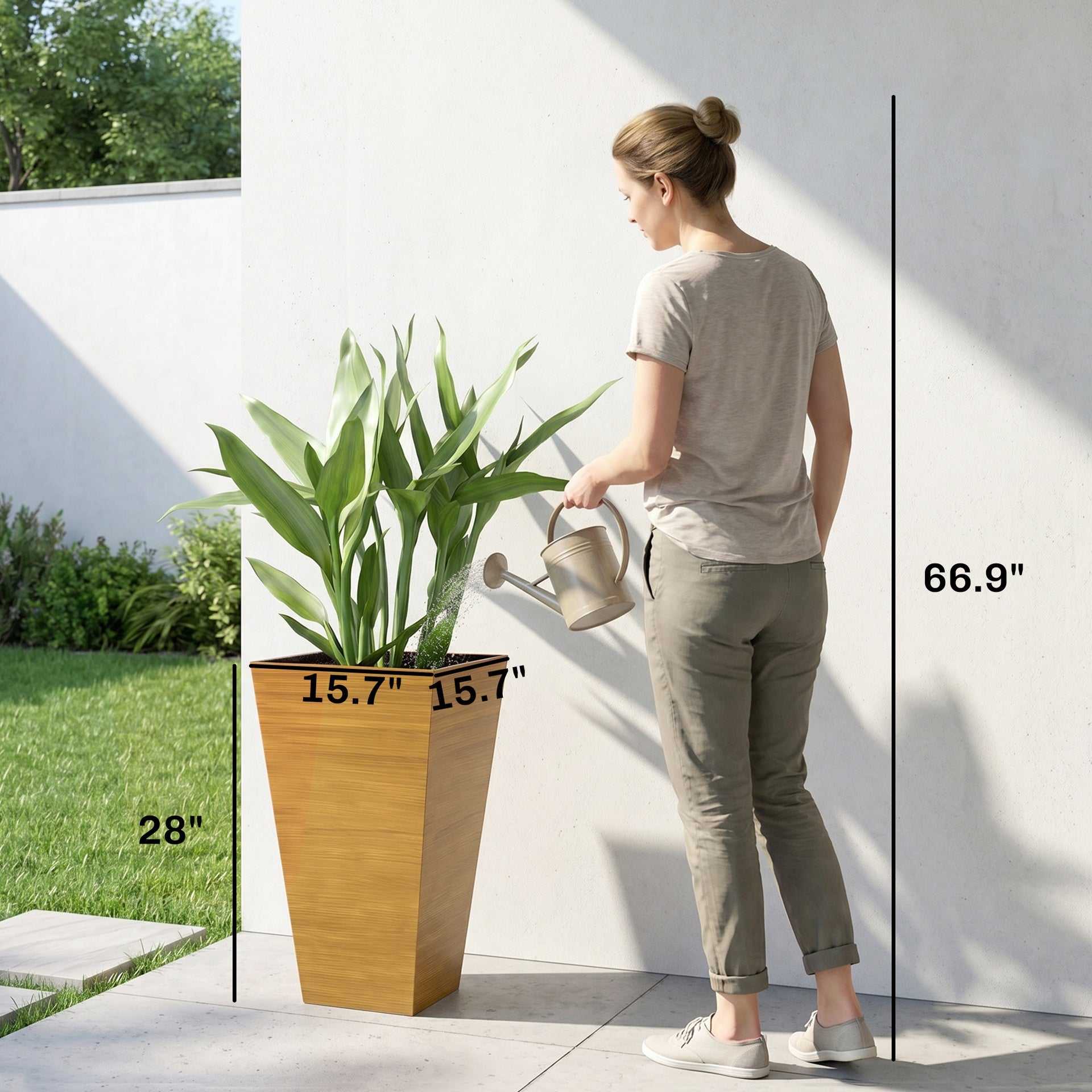 Outsunny Set of 3 Tall Planters, 28" Outdoor Planter w/ Drainage Holes, Faux Wood Plastic Flower Pots, Light Brown