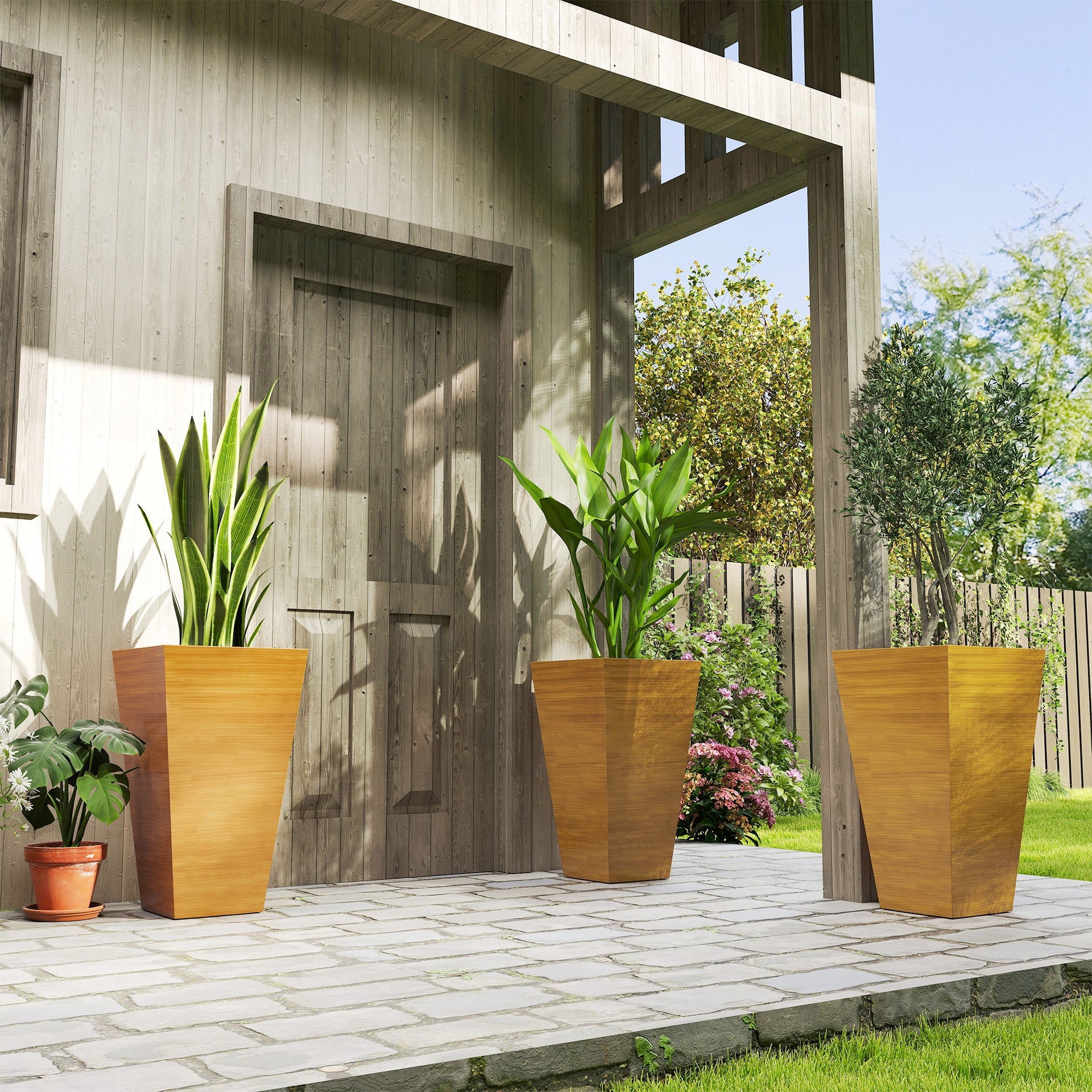 Outsunny Set of 3 Tall Planters, 28" Outdoor Planter w/ Drainage Holes, Faux Wood Plastic Flower Pots, Light Brown