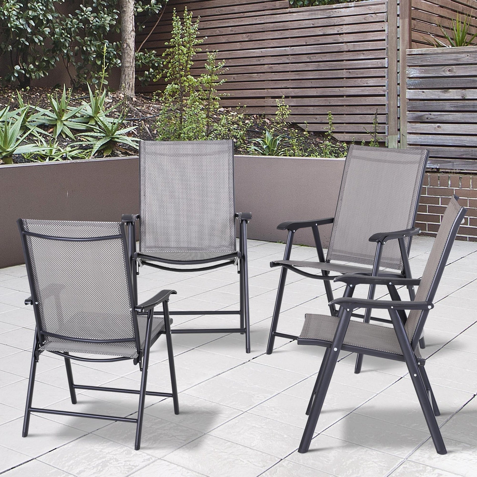 Outsunny Set of 4 Outdoor Folding Chairs, Stackable Patio Dining Chairs with Armrests, Metal Frame, Gray