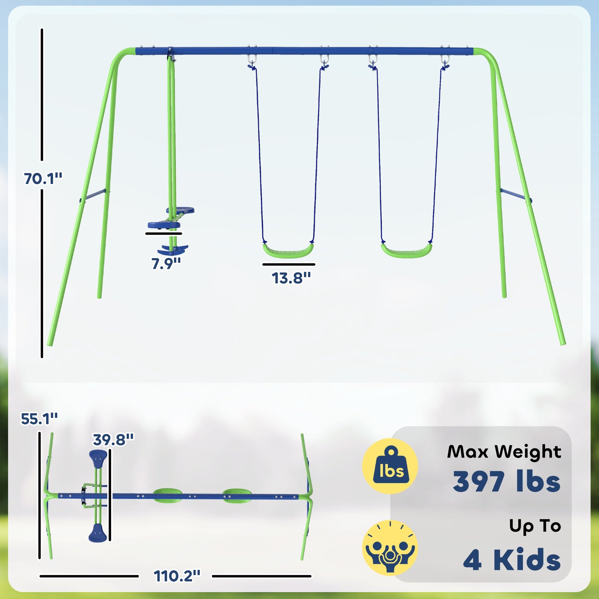 Outsunny Metal Swing Set with Glider, Two Swing Seats and Adjustable Height, Outdoor Heavy Duty A-Frame Suitable for Playground, Backyard, Green