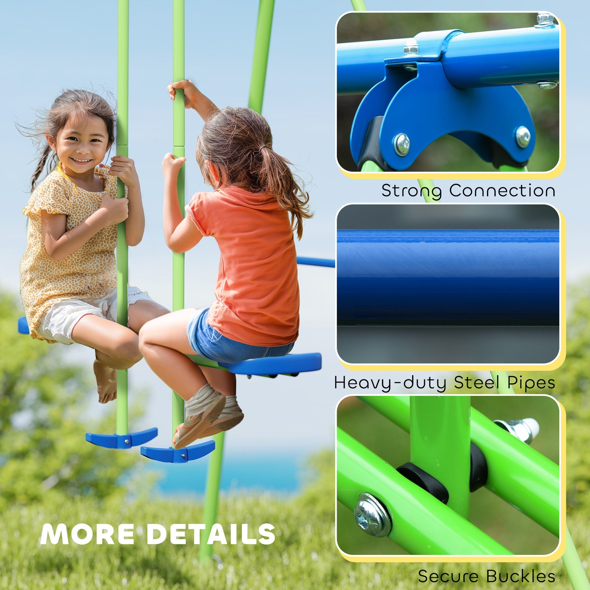 Outsunny Metal Swing Set with Glider, Two Swing Seats and Adjustable Height, Outdoor Heavy Duty A-Frame Suitable for Playground, Backyard, Green