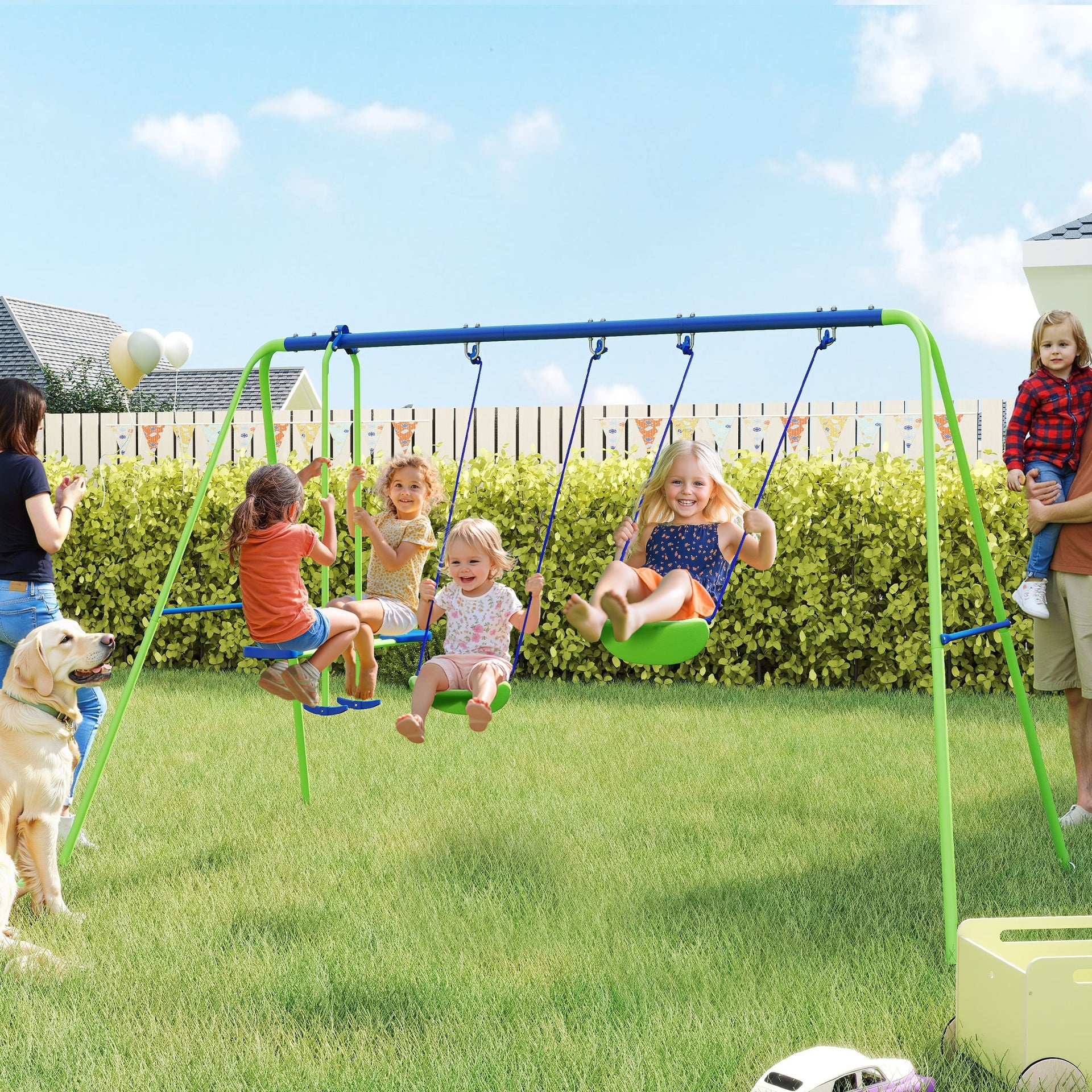 Outsunny Metal Swing Set with Glider, Two Swing Seats and Adjustable Height, Outdoor Heavy Duty A-Frame Suitable for Playground, Backyard, Green