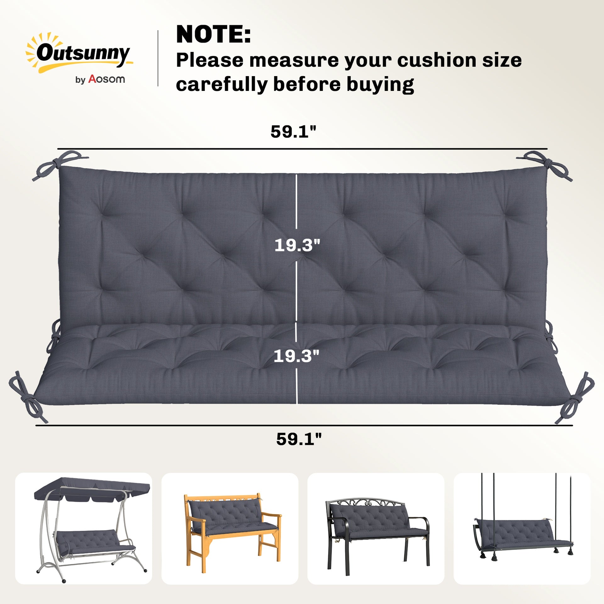 Outsunny 59" x 38" Tufted Bench Cushion for Outdoor Furniture, 3-Seater Replacement for Swing Chair, Patio Sofa/Couch, Dark Gray